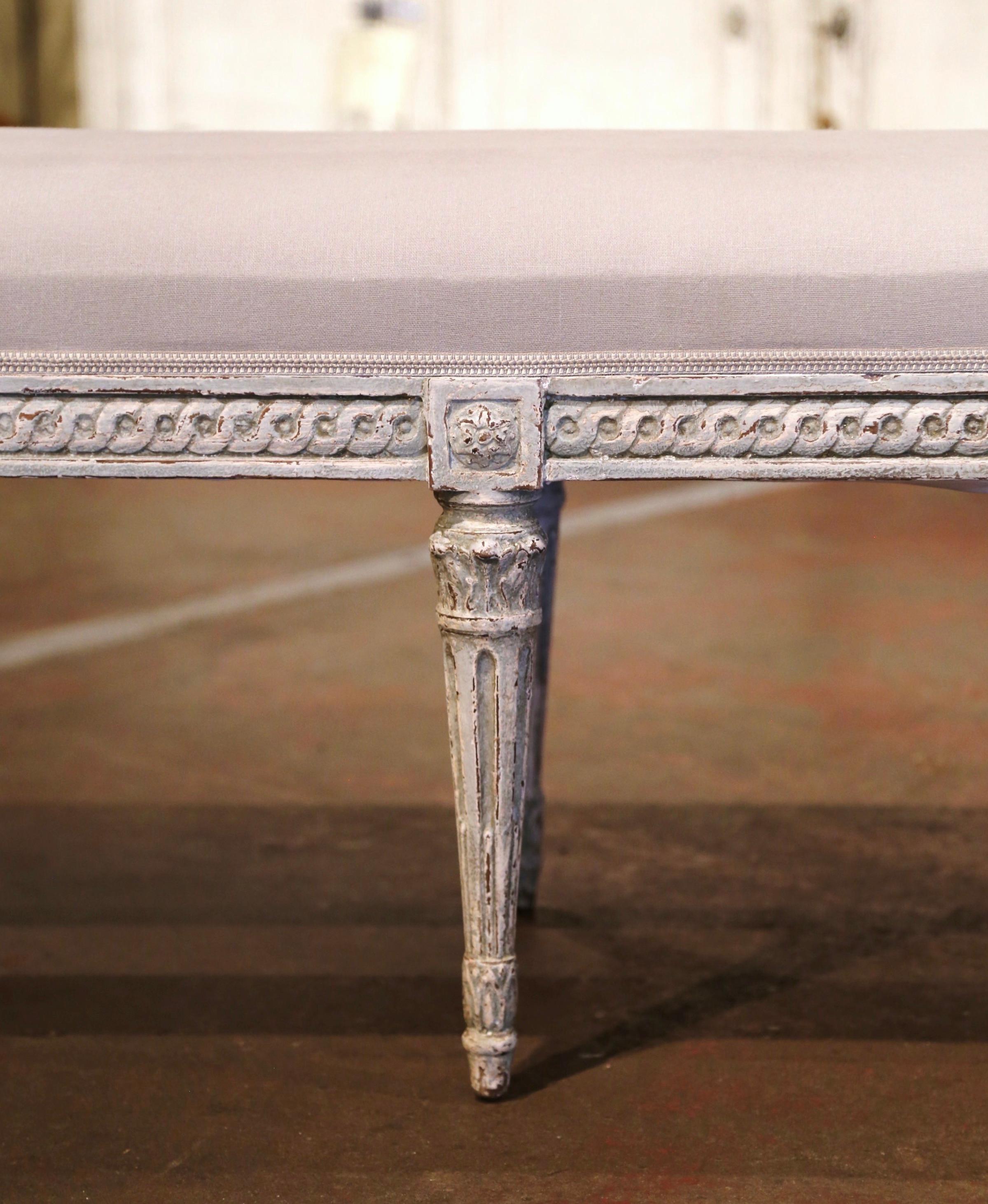 Fabric 19th Century French Louis XVI Carved Painted Upholstered Banquette with Back