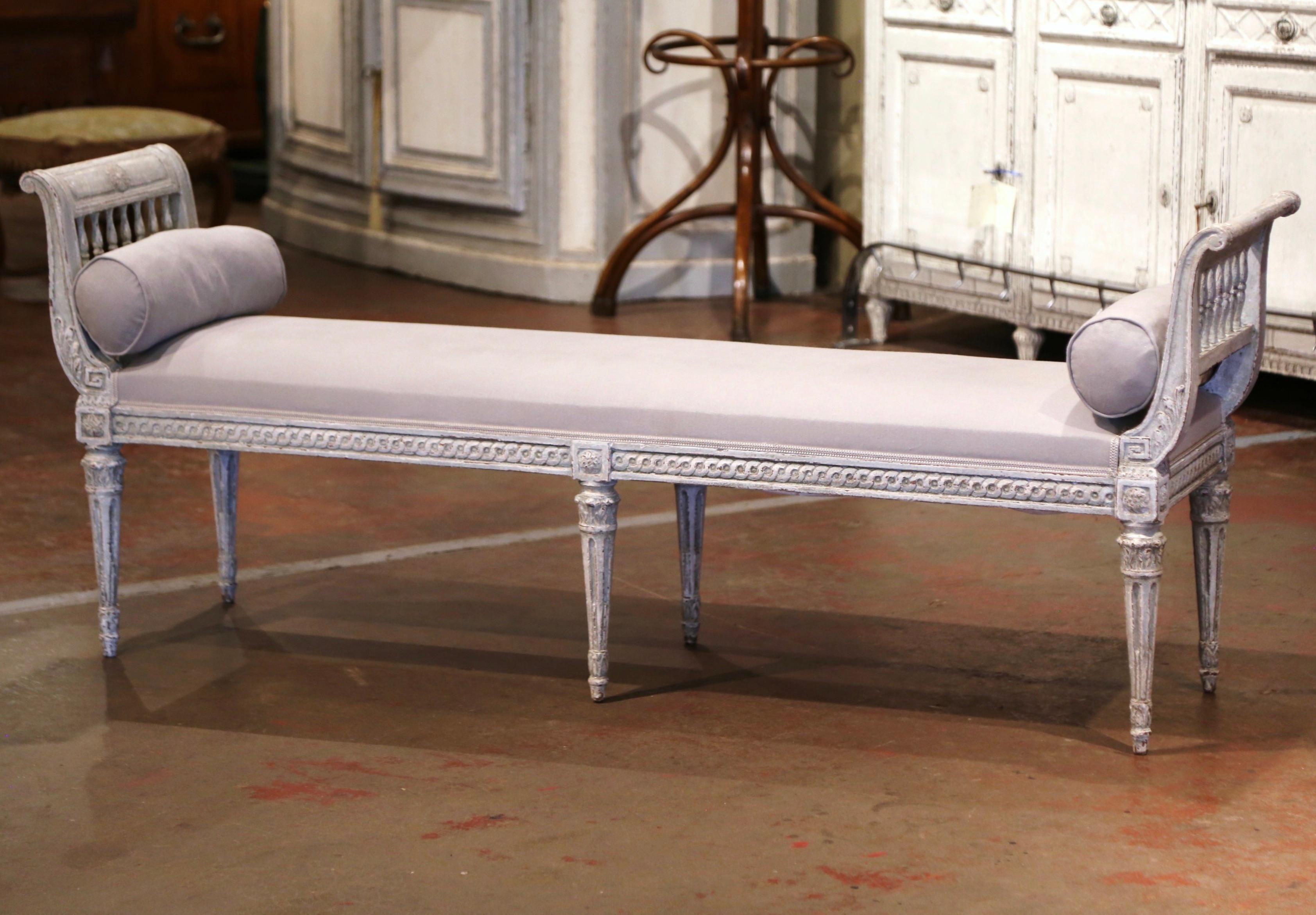 19th Century French Louis XVI Carved Painted Upholstered Banquette with Back 1