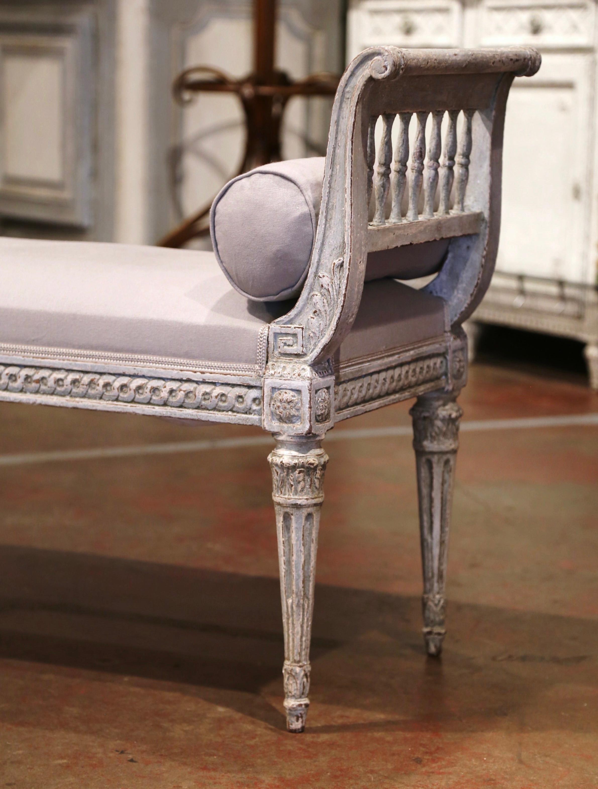 19th Century French Louis XVI Carved Painted Upholstered Banquette with Back 2