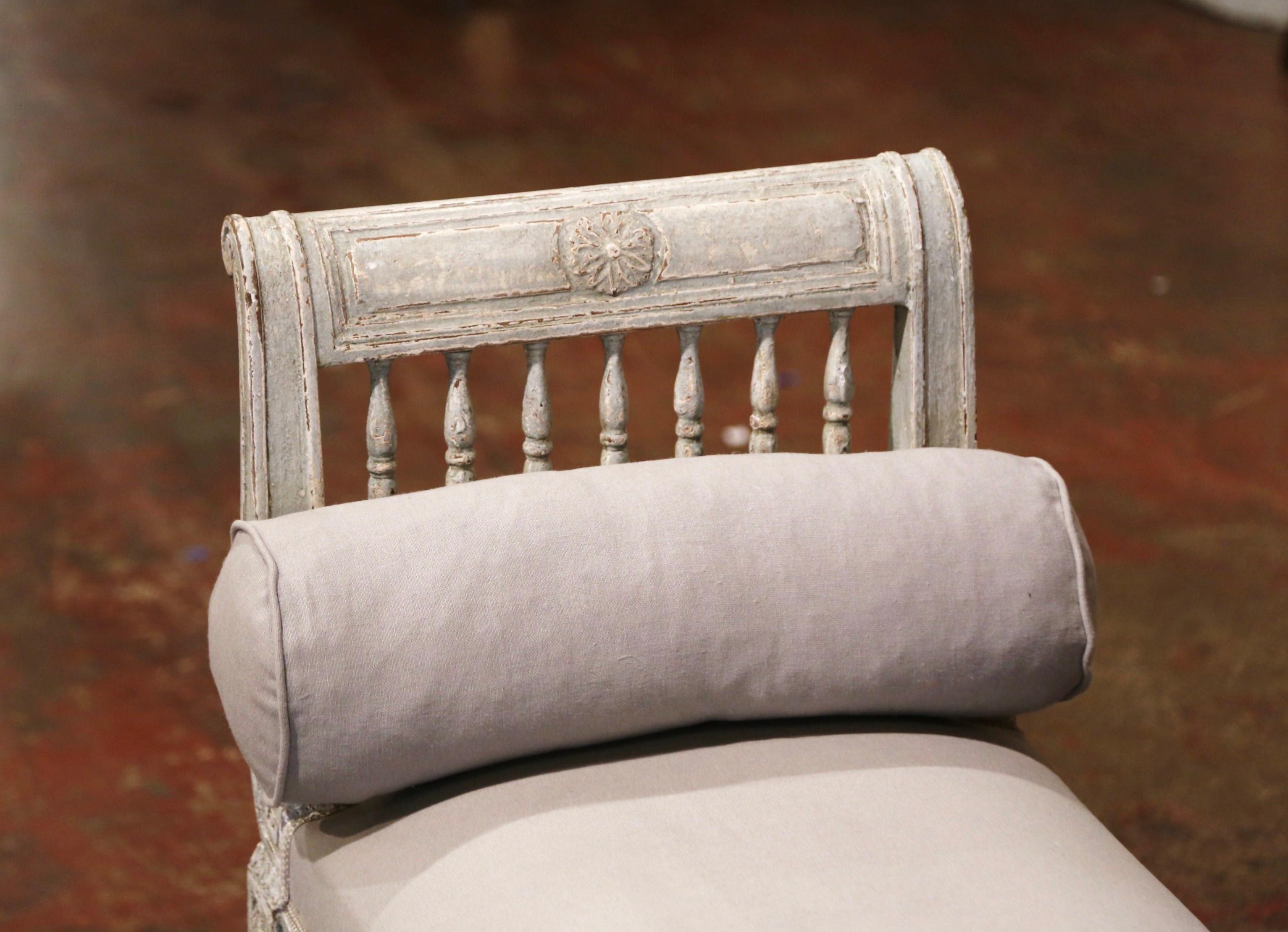 19th Century French Louis XVI Carved Painted Upholstered Banquette with Back 3