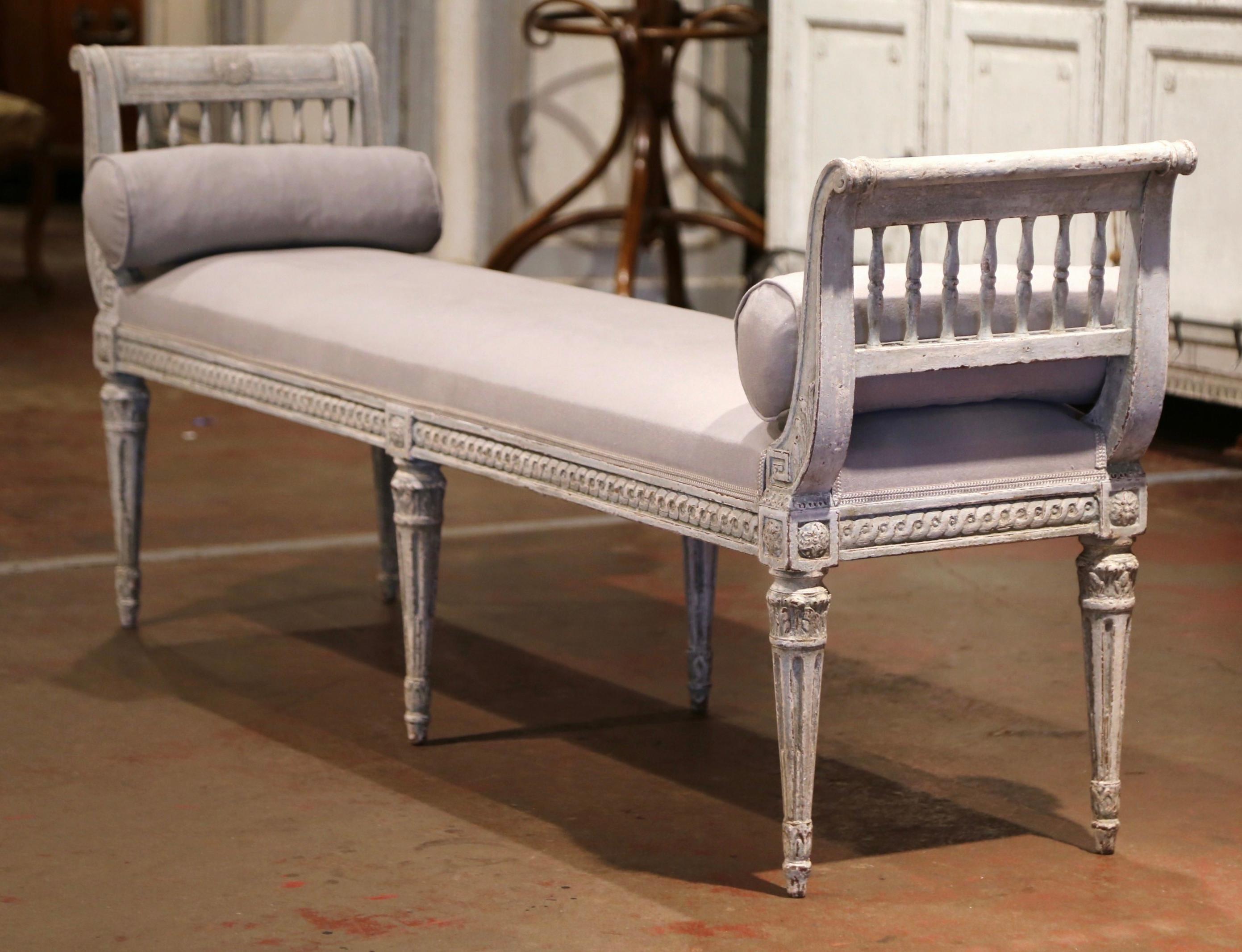 19th Century French Louis XVI Carved Painted Upholstered Banquette with Back 4