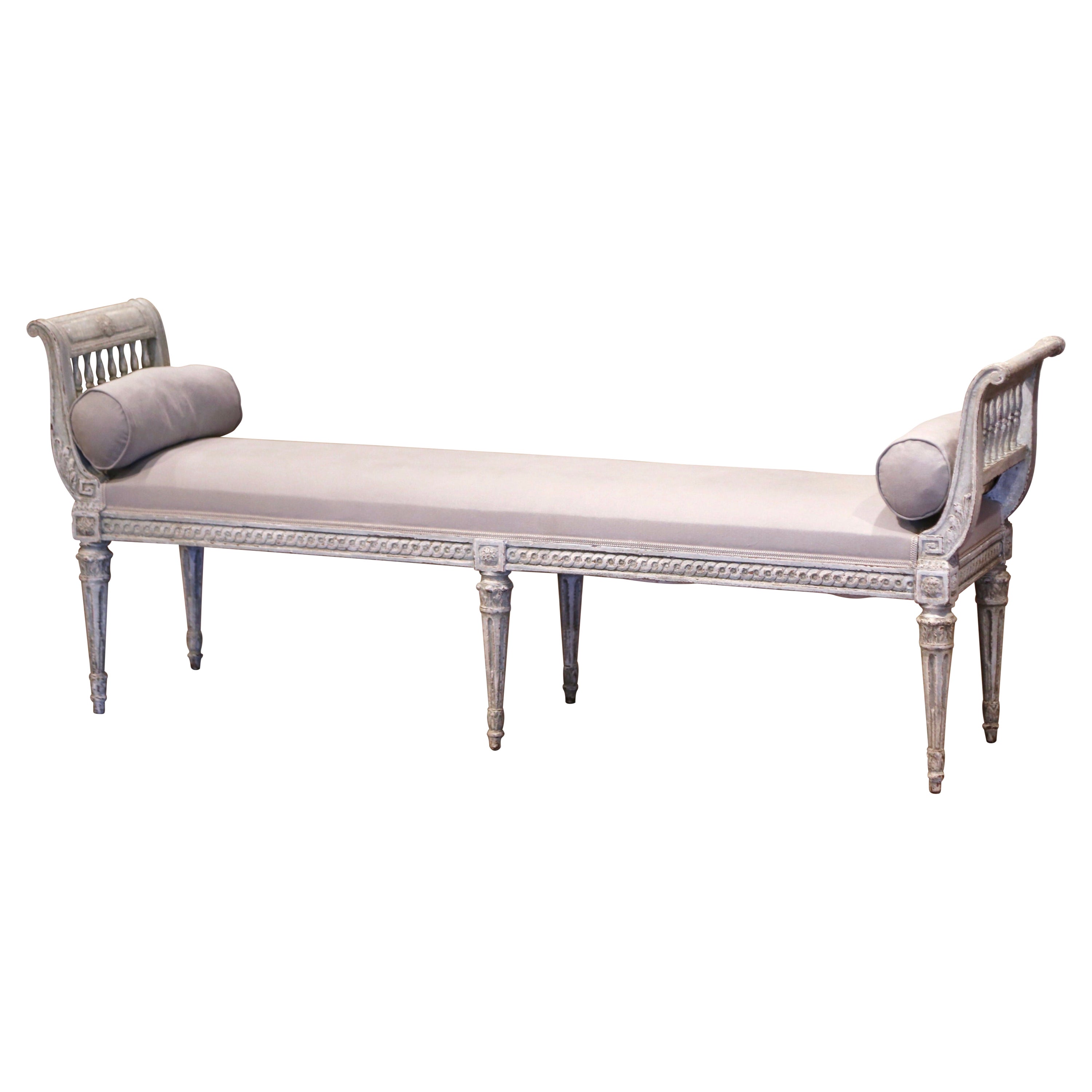 19th Century French Louis XVI Carved Painted Upholstered Banquette with Back