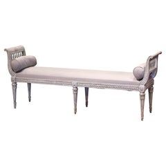 19th Century French Louis XVI Carved Painted Upholstered Banquette with Back