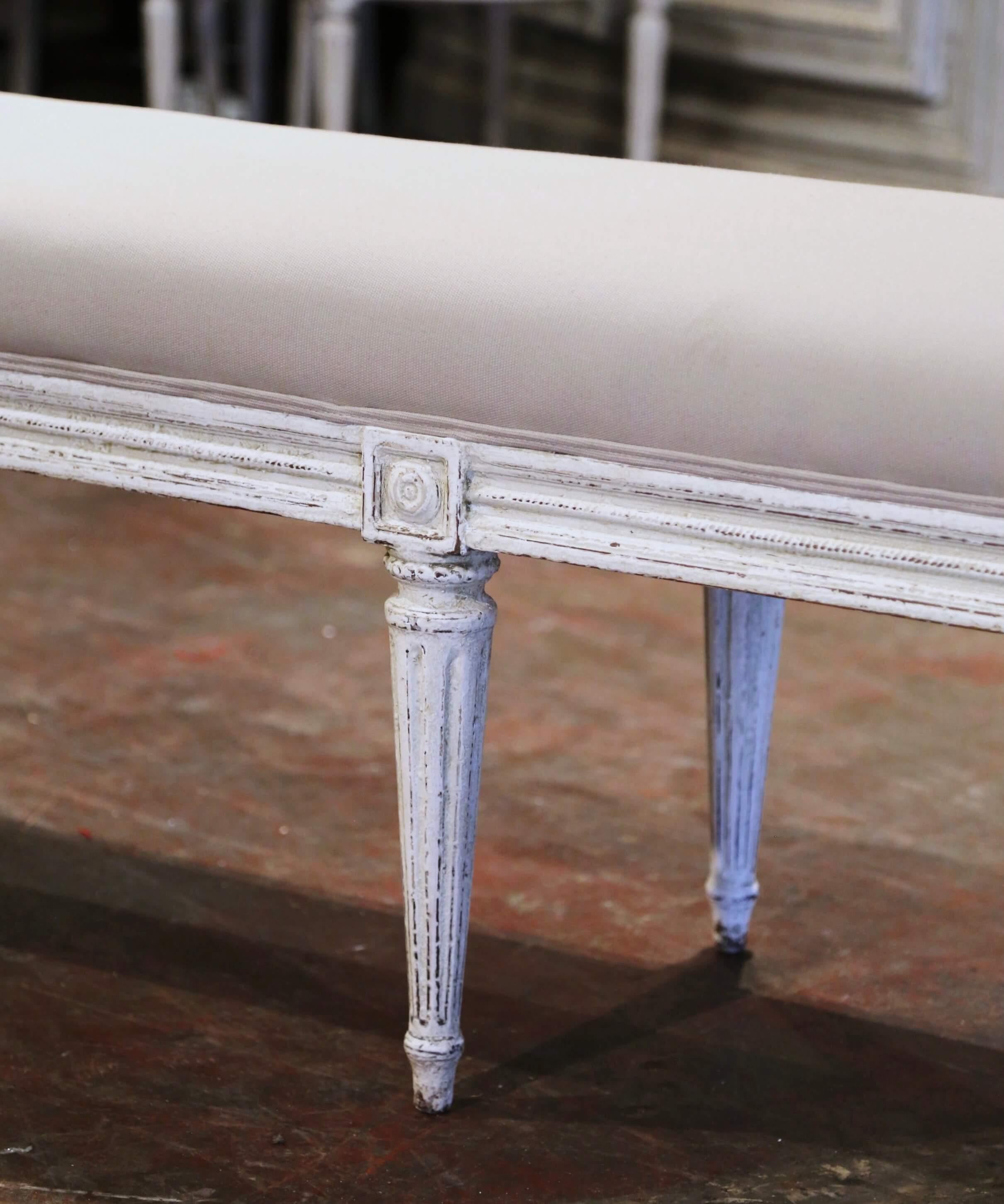 19th Century French Louis XVI Carved Painted Upholstered Banquette with Sides In Excellent Condition In Dallas, TX