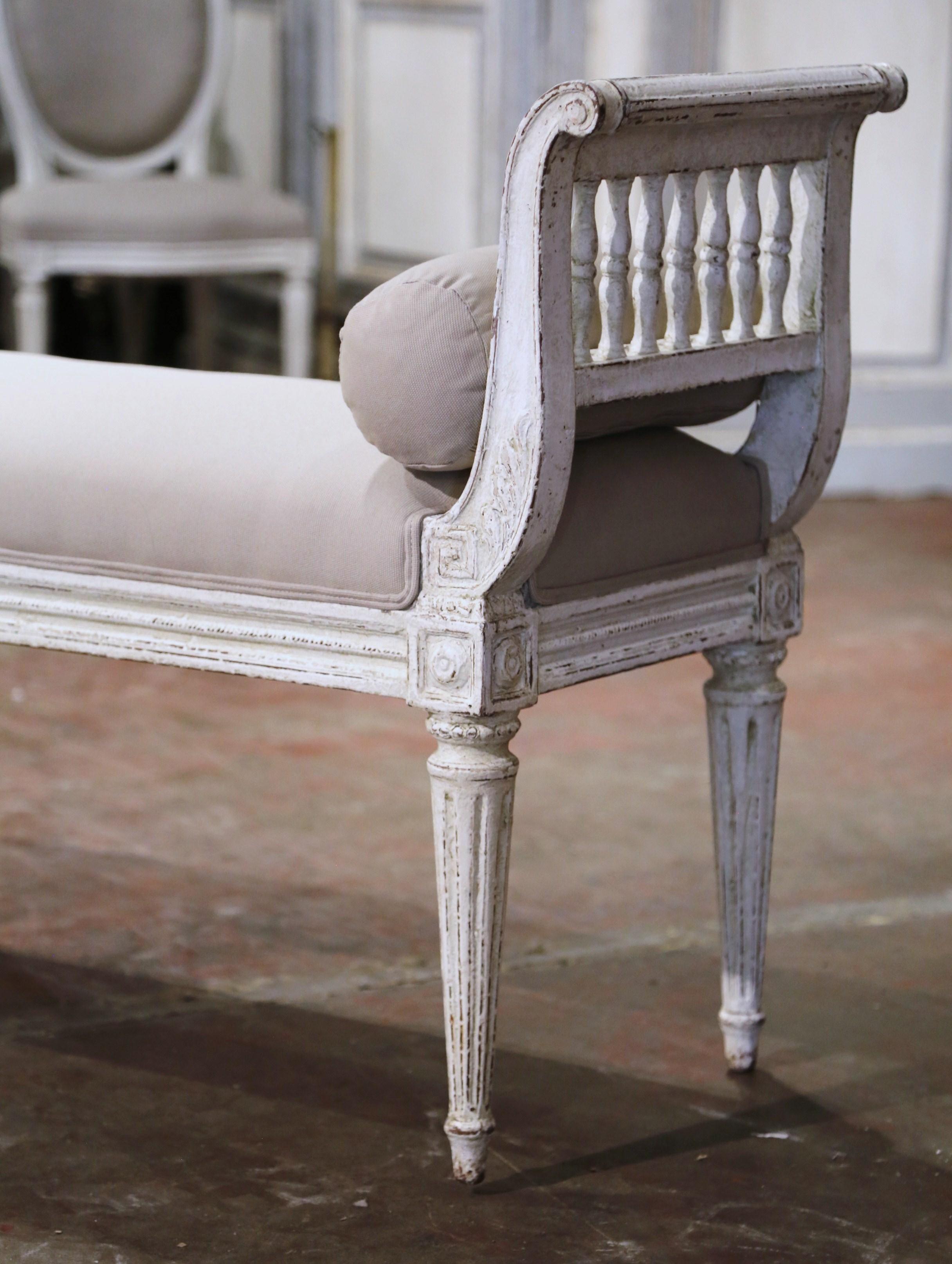 Fabric 19th Century French Louis XVI Carved Painted Upholstered Banquette with Sides For Sale