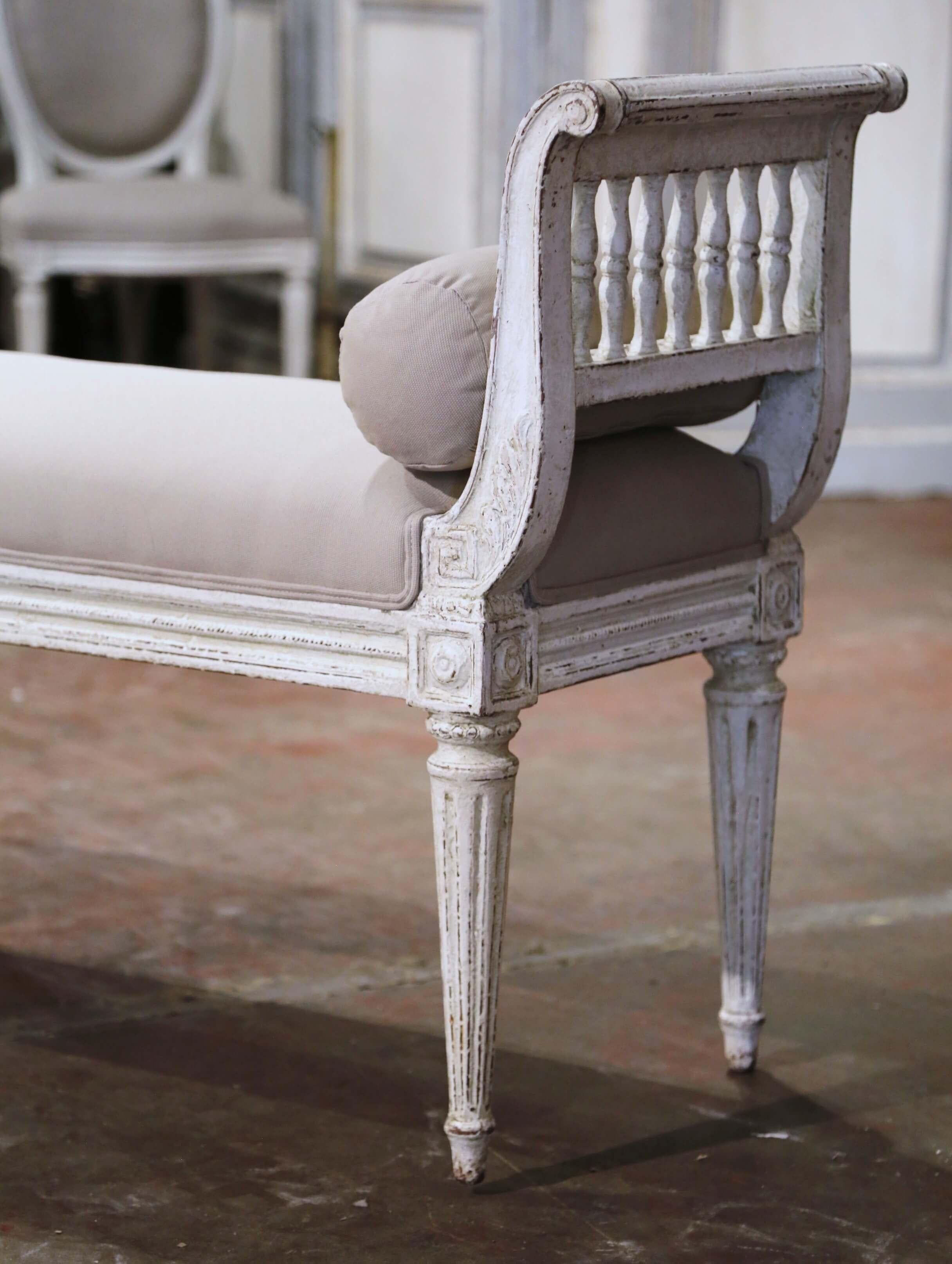Fabric 19th Century French Louis XVI Carved Painted Upholstered Banquette with Sides