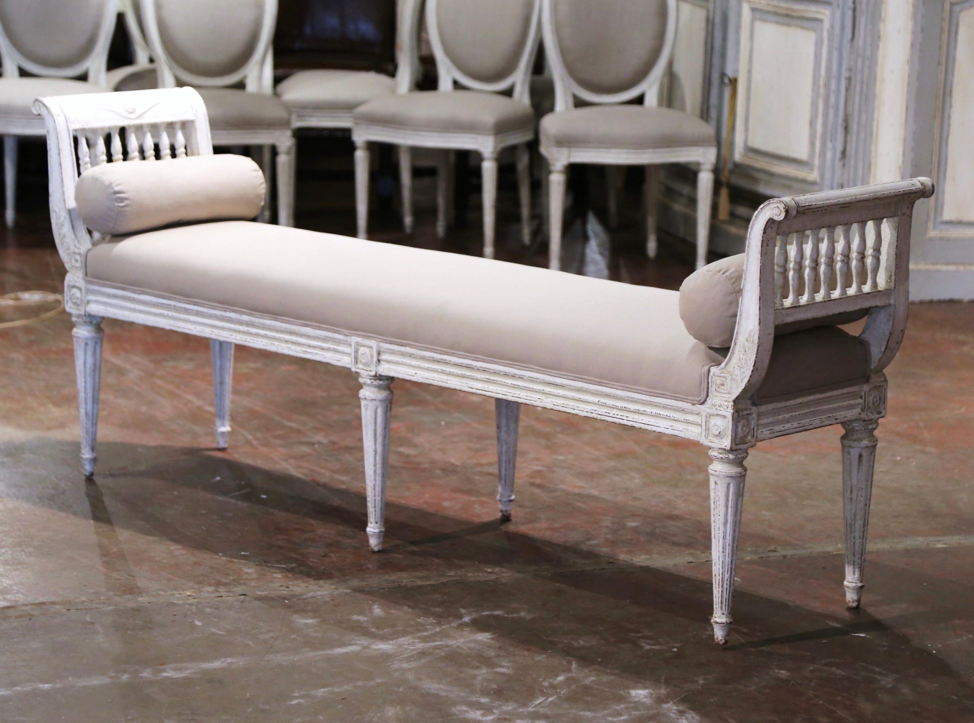 19th Century French Louis XVI Carved Painted Upholstered Banquette with Sides For Sale 1