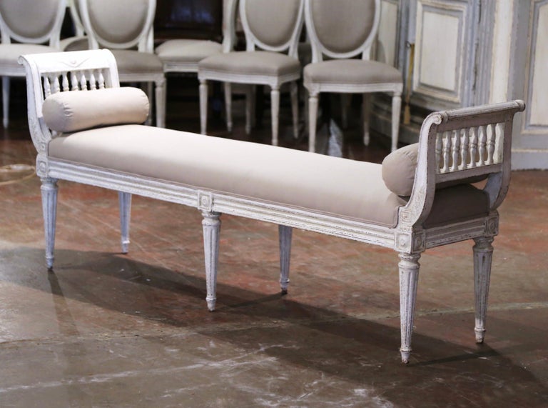 19th Century French Louis XVI Carved Painted Upholstered Banquette with  Sides For Sale at 1stDibs