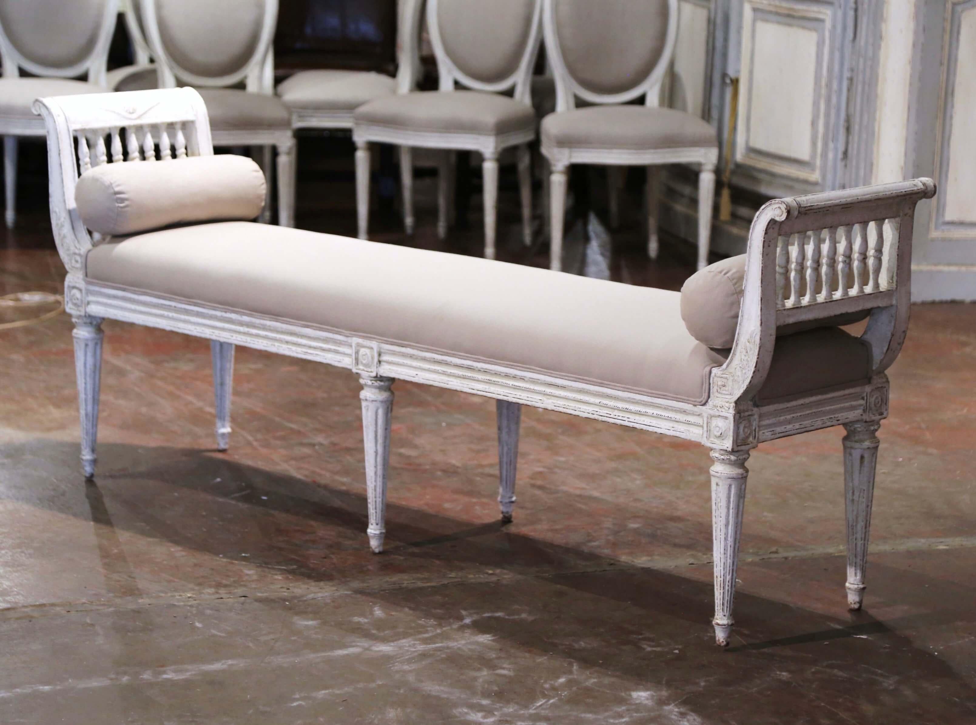 19th Century French Louis XVI Carved Painted Upholstered Banquette with Sides 1