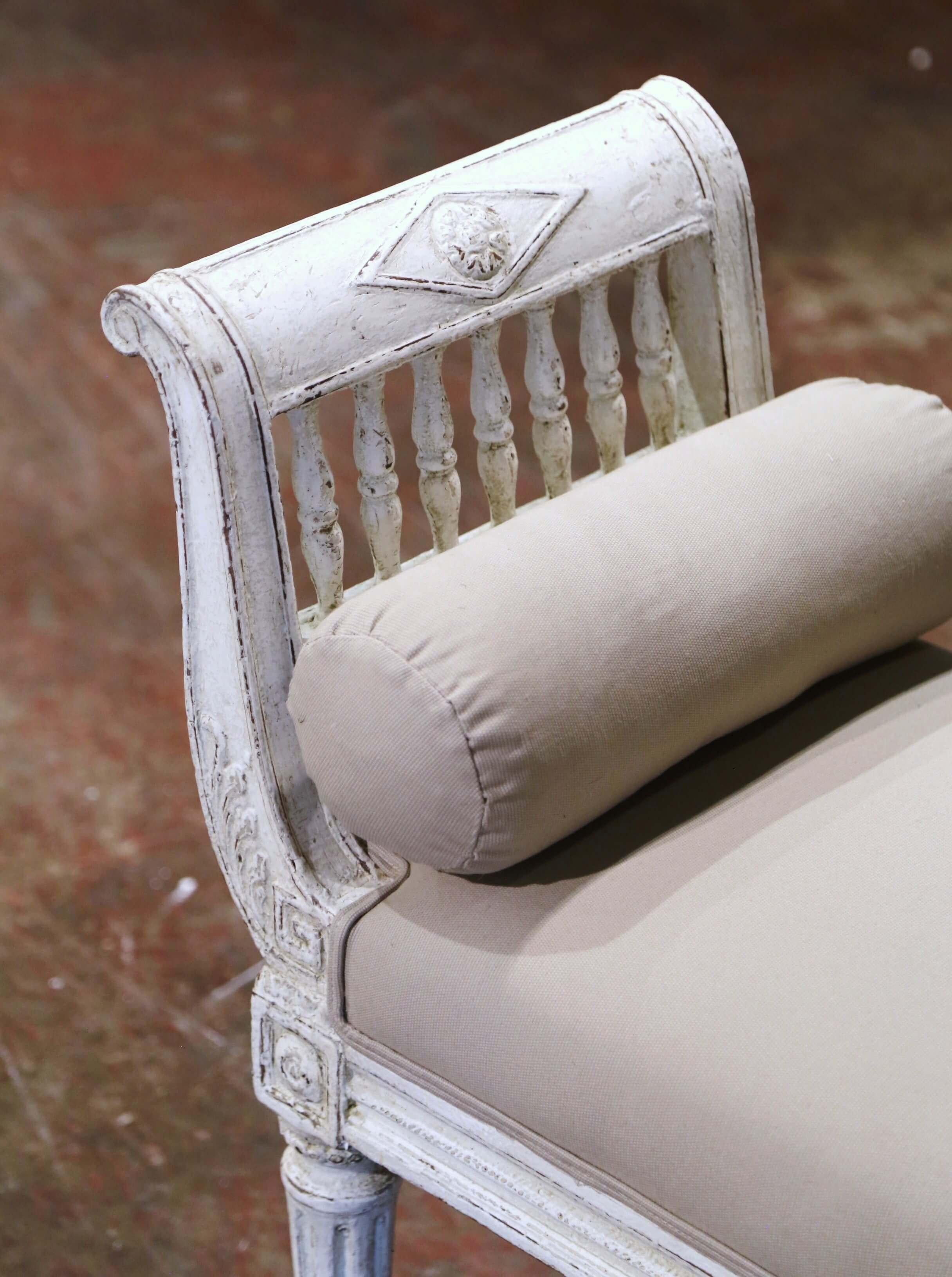19th Century French Louis XVI Carved Painted Upholstered Banquette with Sides 2