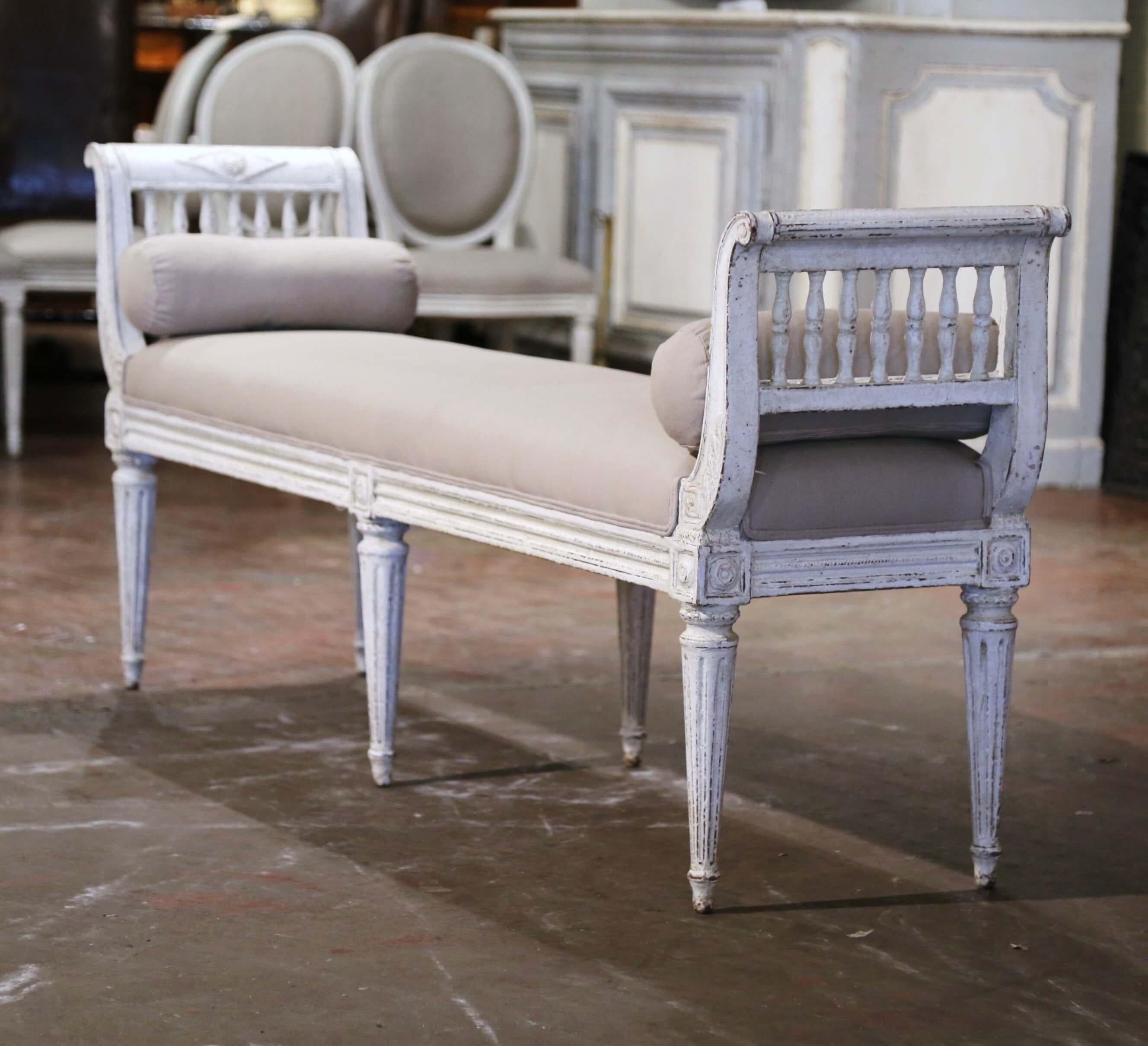 19th Century French Louis XVI Carved Painted Upholstered Banquette with Sides 3