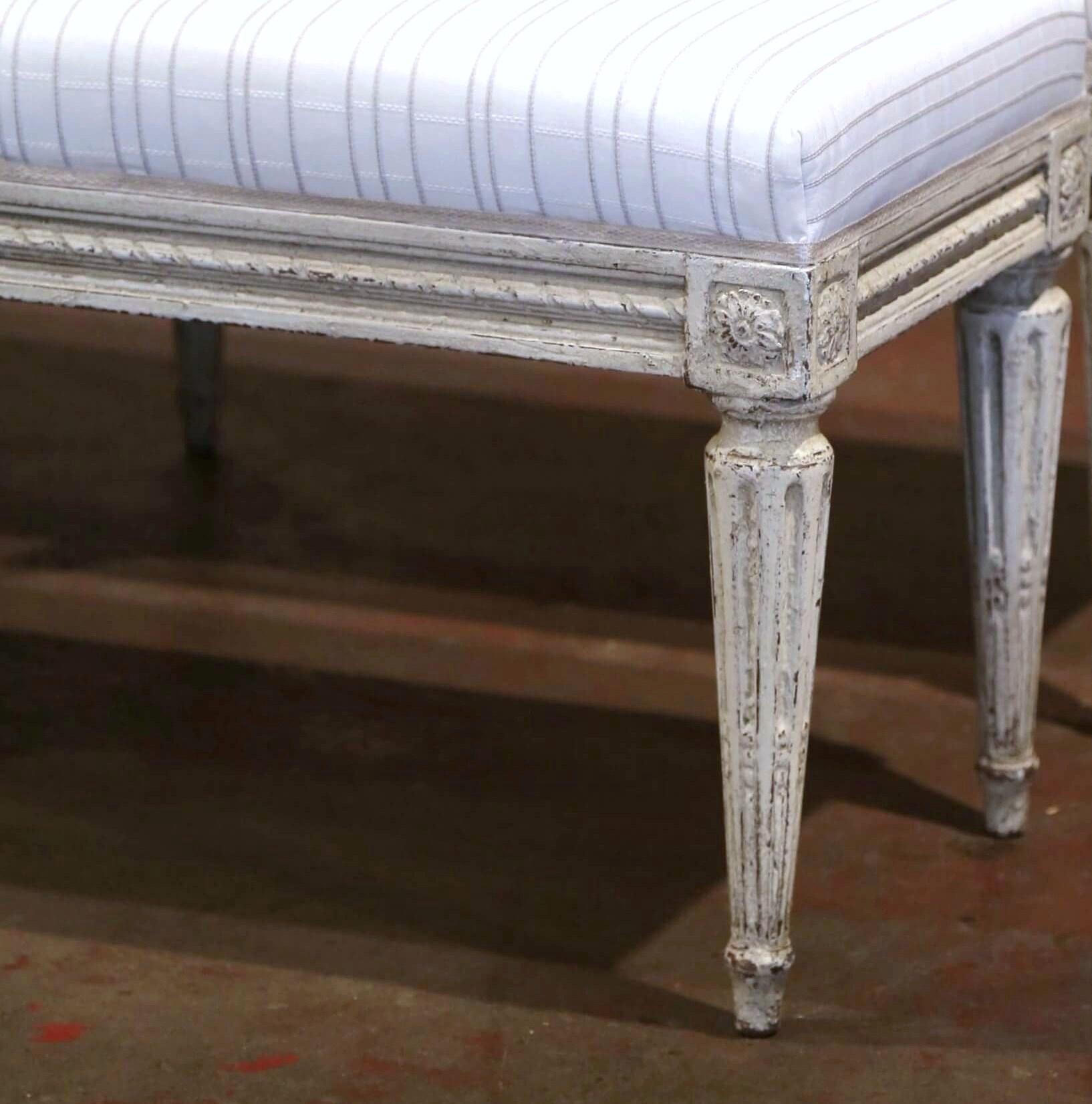 19th Century French Louis XVI Carved Painted Upholstered Bench In Excellent Condition In Dallas, TX