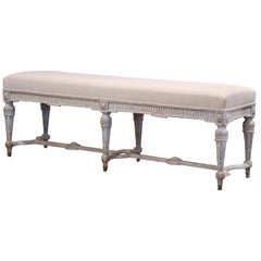 Antique 19th Century French Louis XVI Carved Painted Upholstered Bench