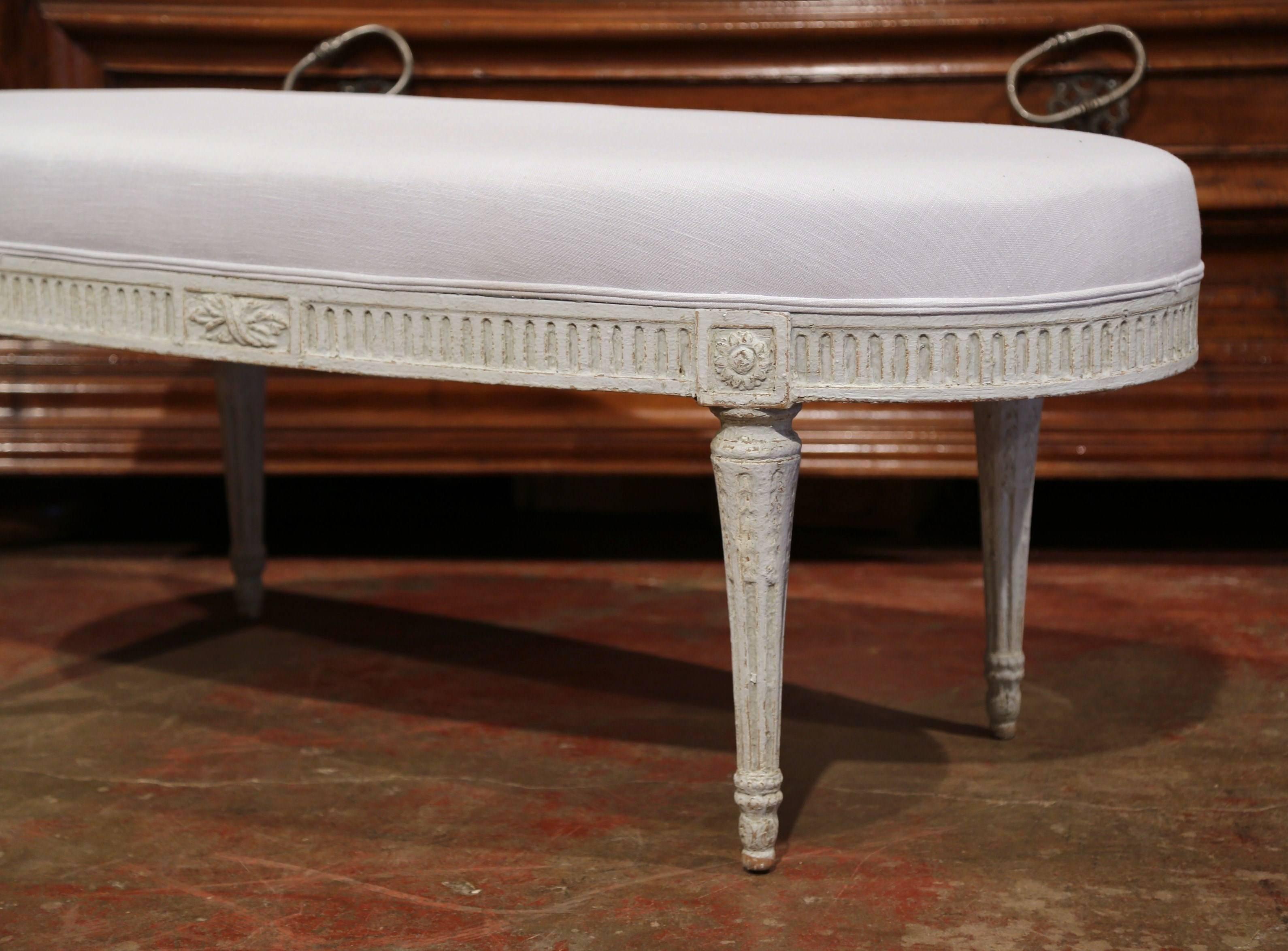 Hand-Carved 19th Century French Louis XVI Carved Painted Upholstered Oval Bench
