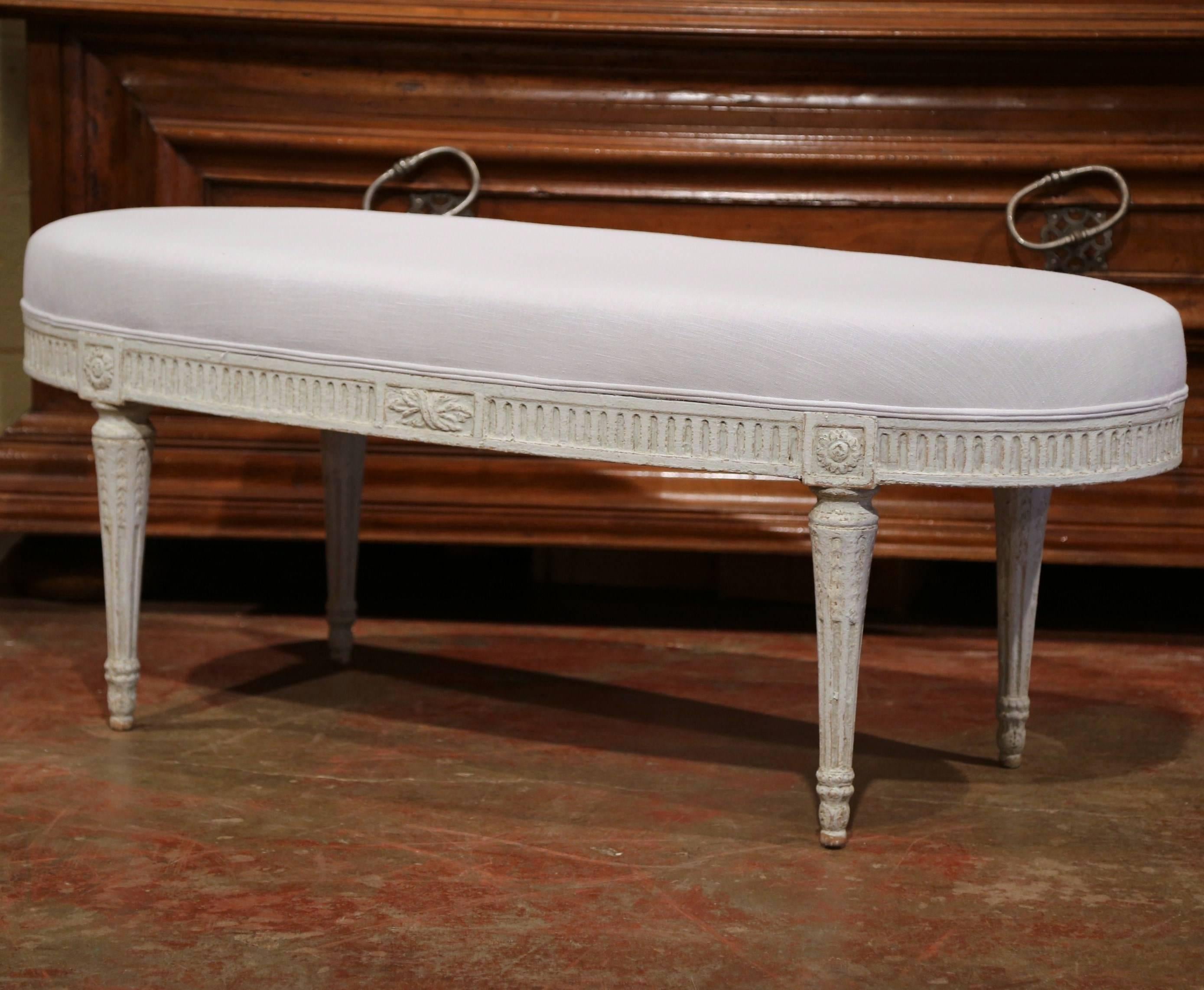 19th Century French Louis XVI Carved Painted Upholstered Oval Bench In Excellent Condition In Dallas, TX