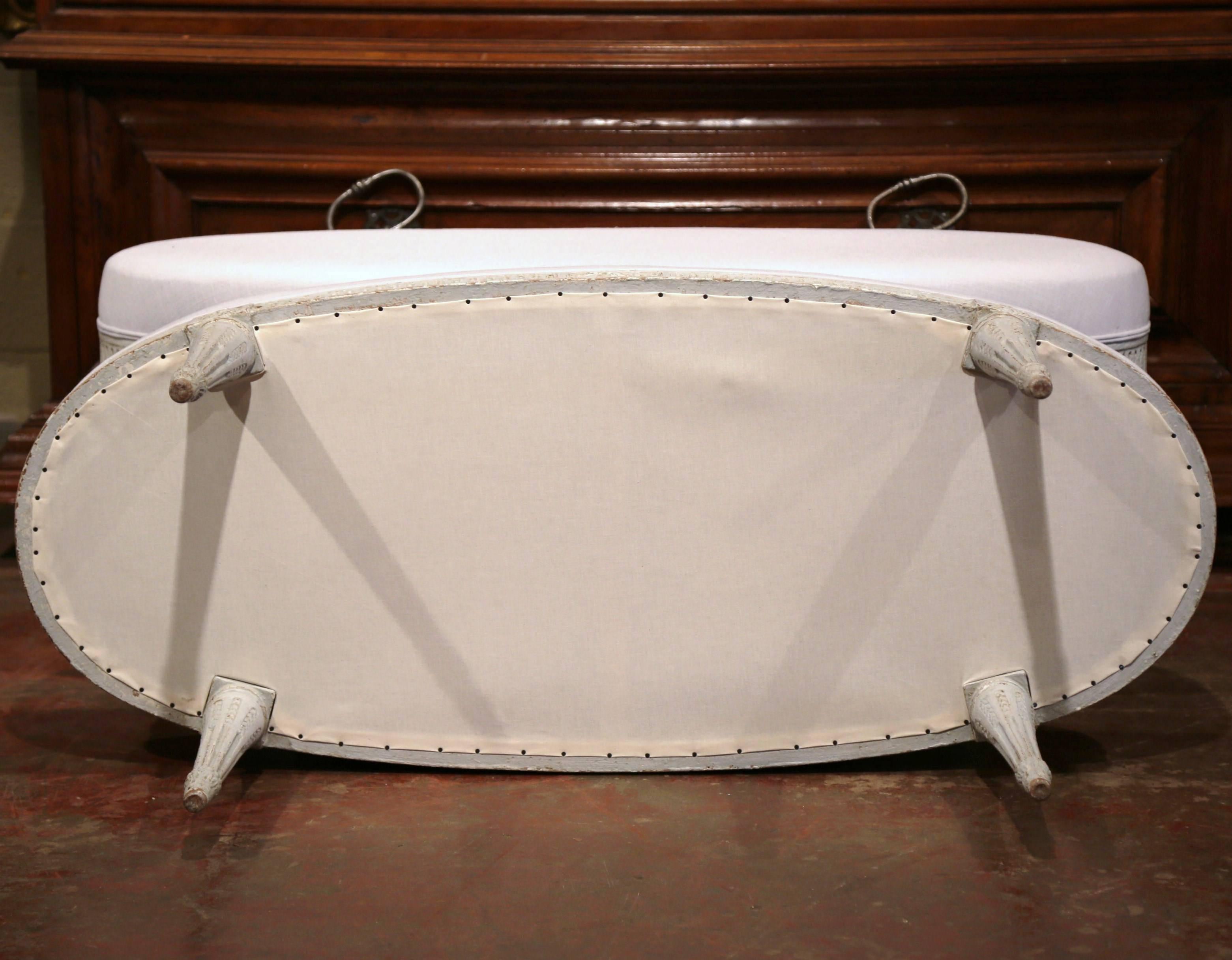 19th Century French Louis XVI Carved Painted Upholstered Oval Bench 1