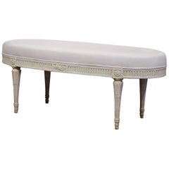 19th Century French Louis XVI Carved Painted Upholstered Oval Bench