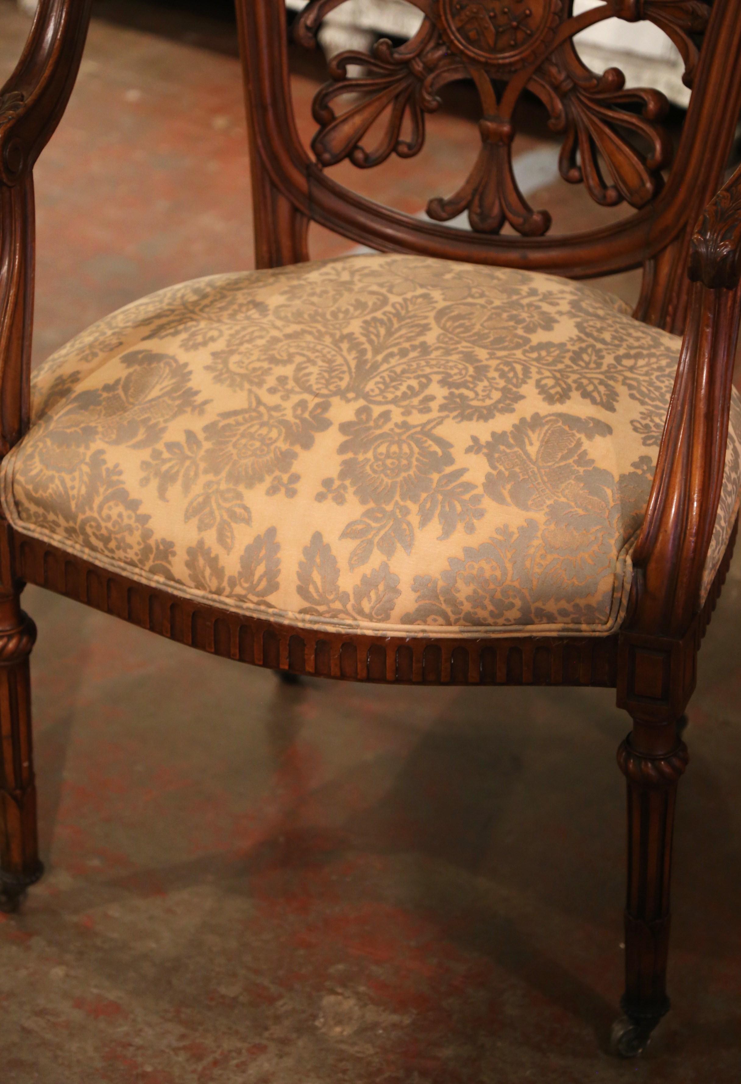19th Century French Louis XVI Carved Walnut and Silk Desk Armchair on Wheels In Excellent Condition In Dallas, TX