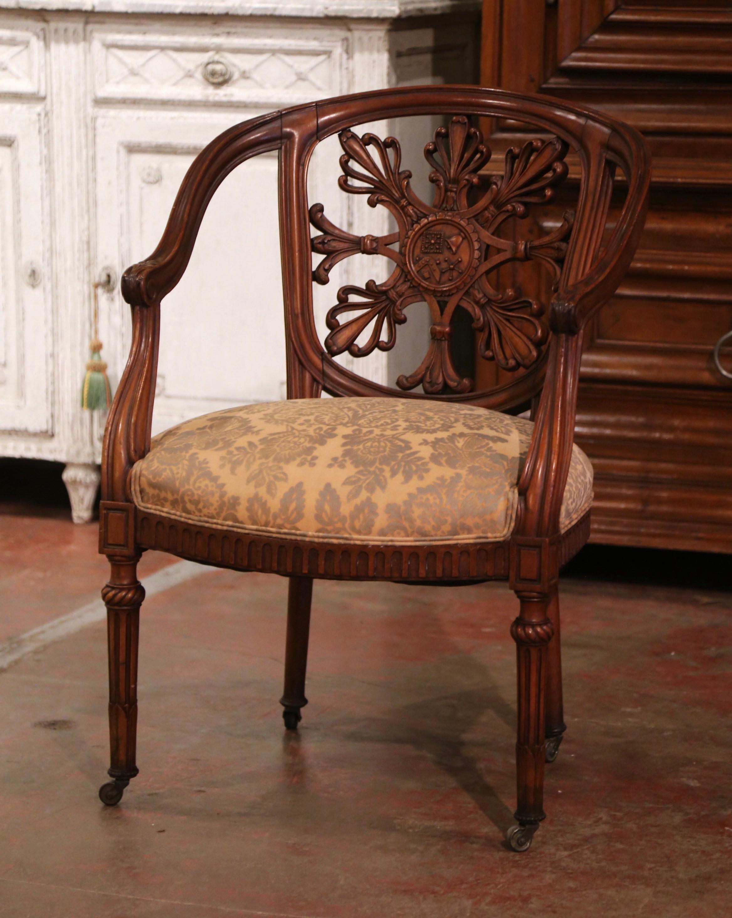 19th Century French Louis XVI Carved Walnut and Silk Desk Armchair on Wheels 2