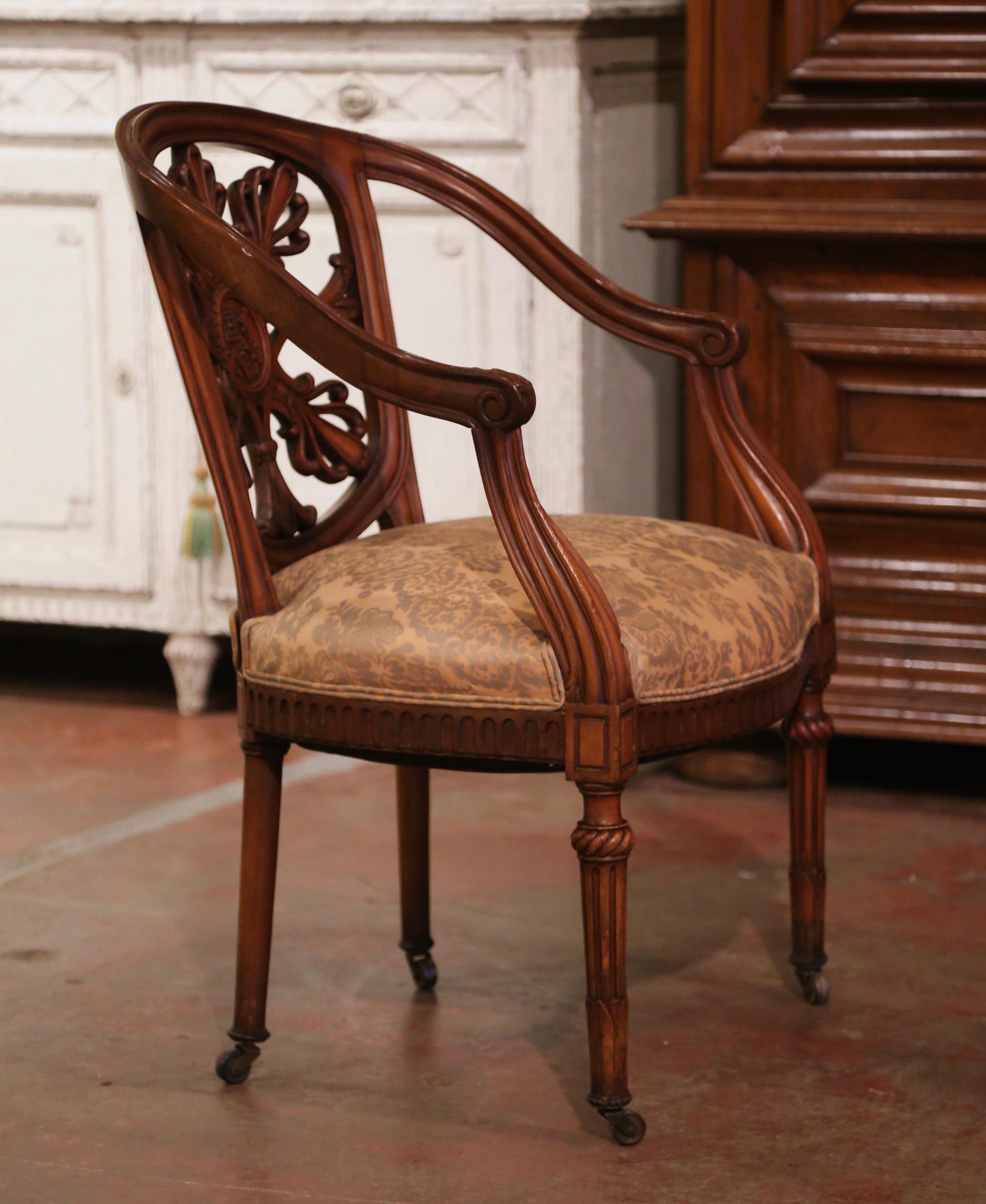 19th Century French Louis XVI Carved Walnut and Silk Desk Armchair on Wheels 3