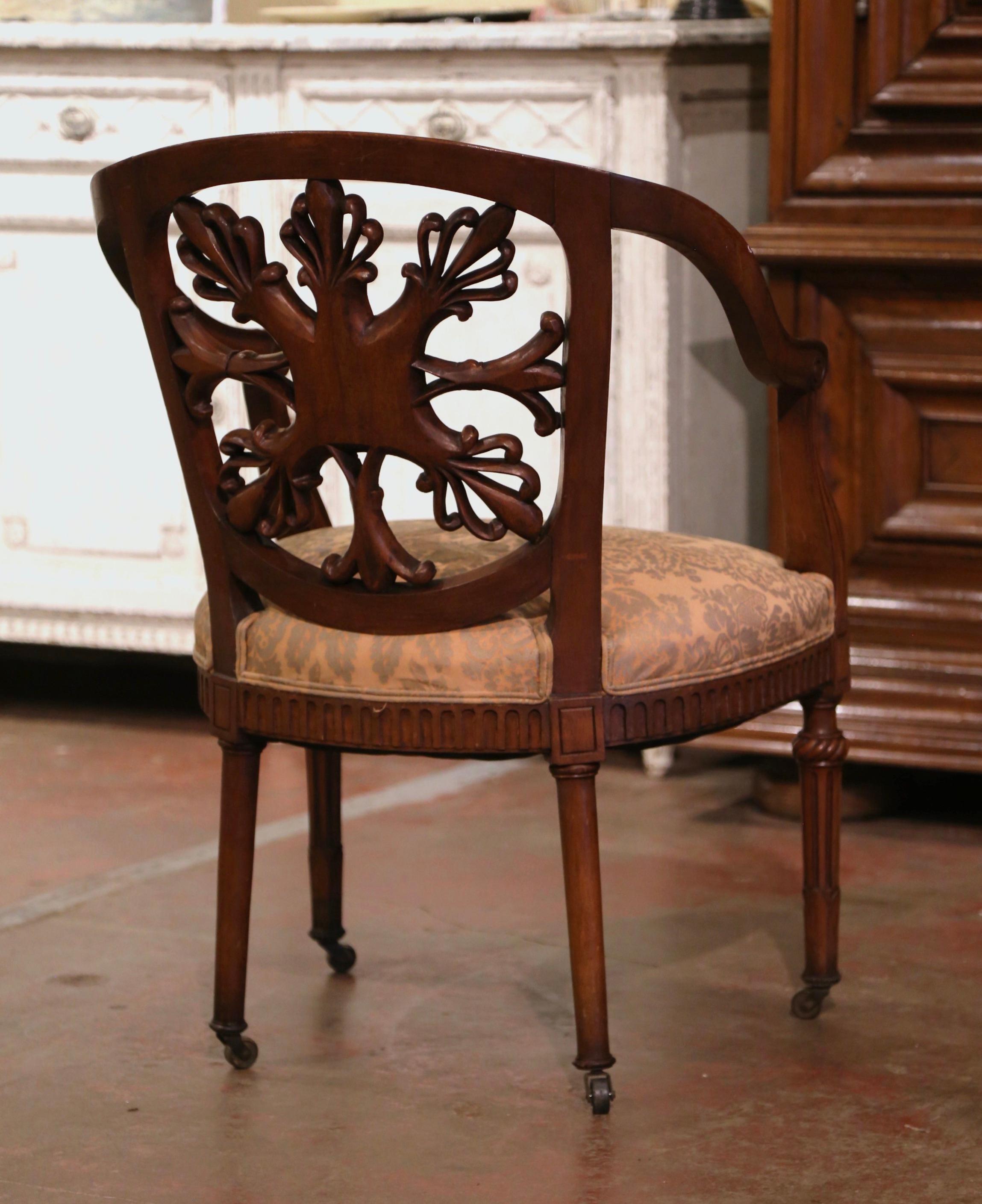 19th Century French Louis XVI Carved Walnut and Silk Desk Armchair on Wheels 4