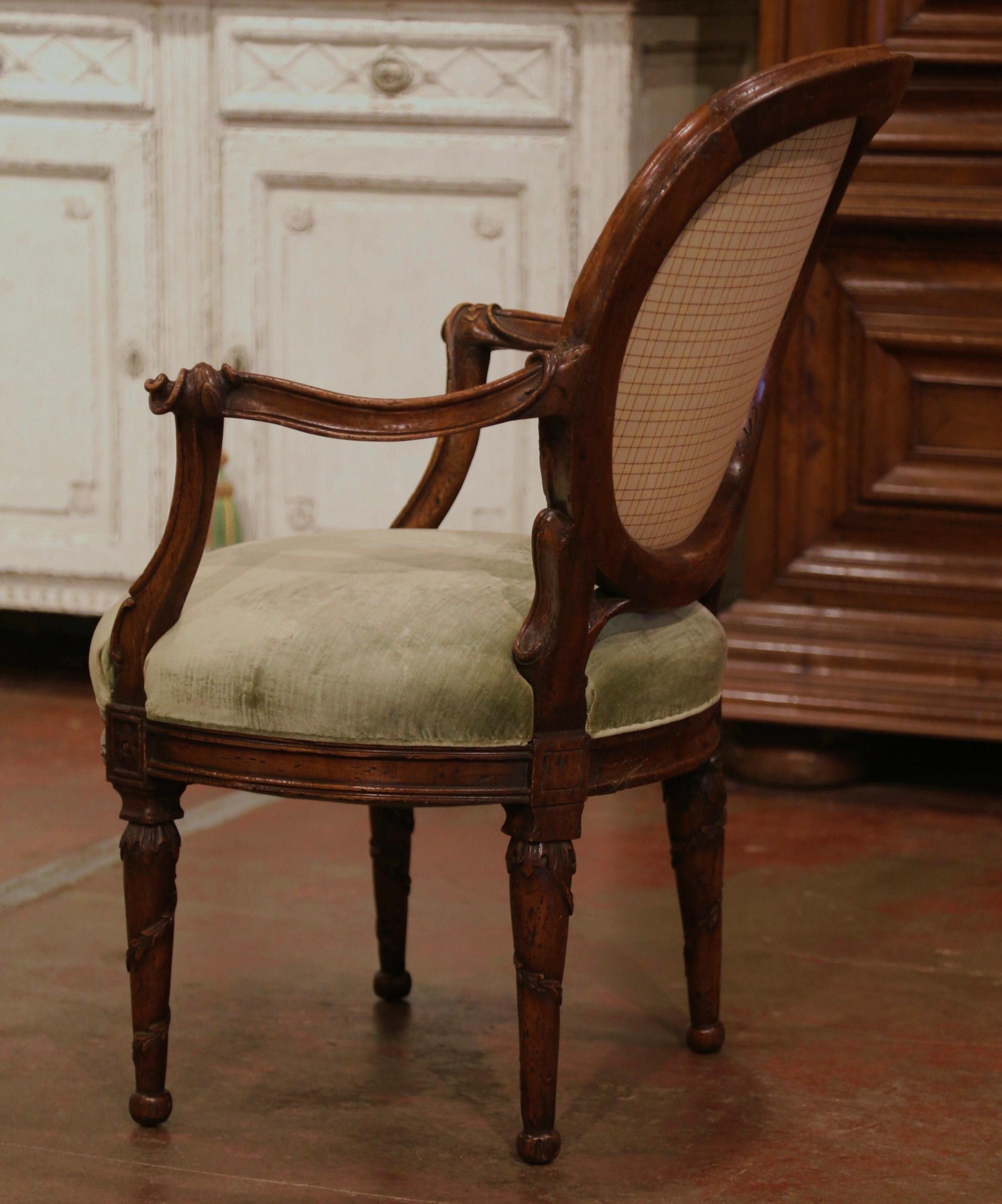 19th Century French Louis XVI Carved Walnut and Velvet Bergere Armchair 6