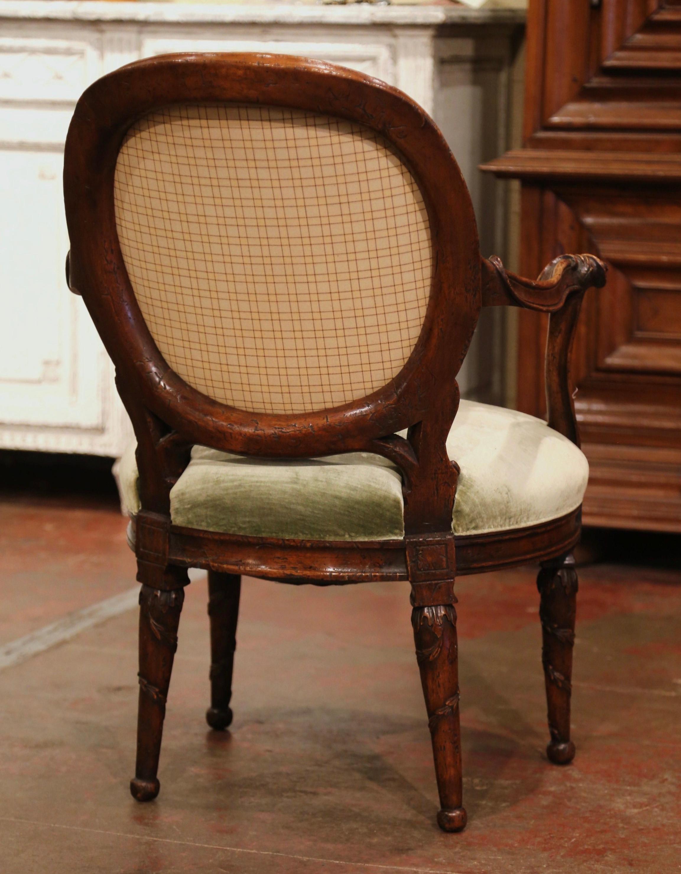 19th Century French Louis XVI Carved Walnut and Velvet Bergere Armchair 7