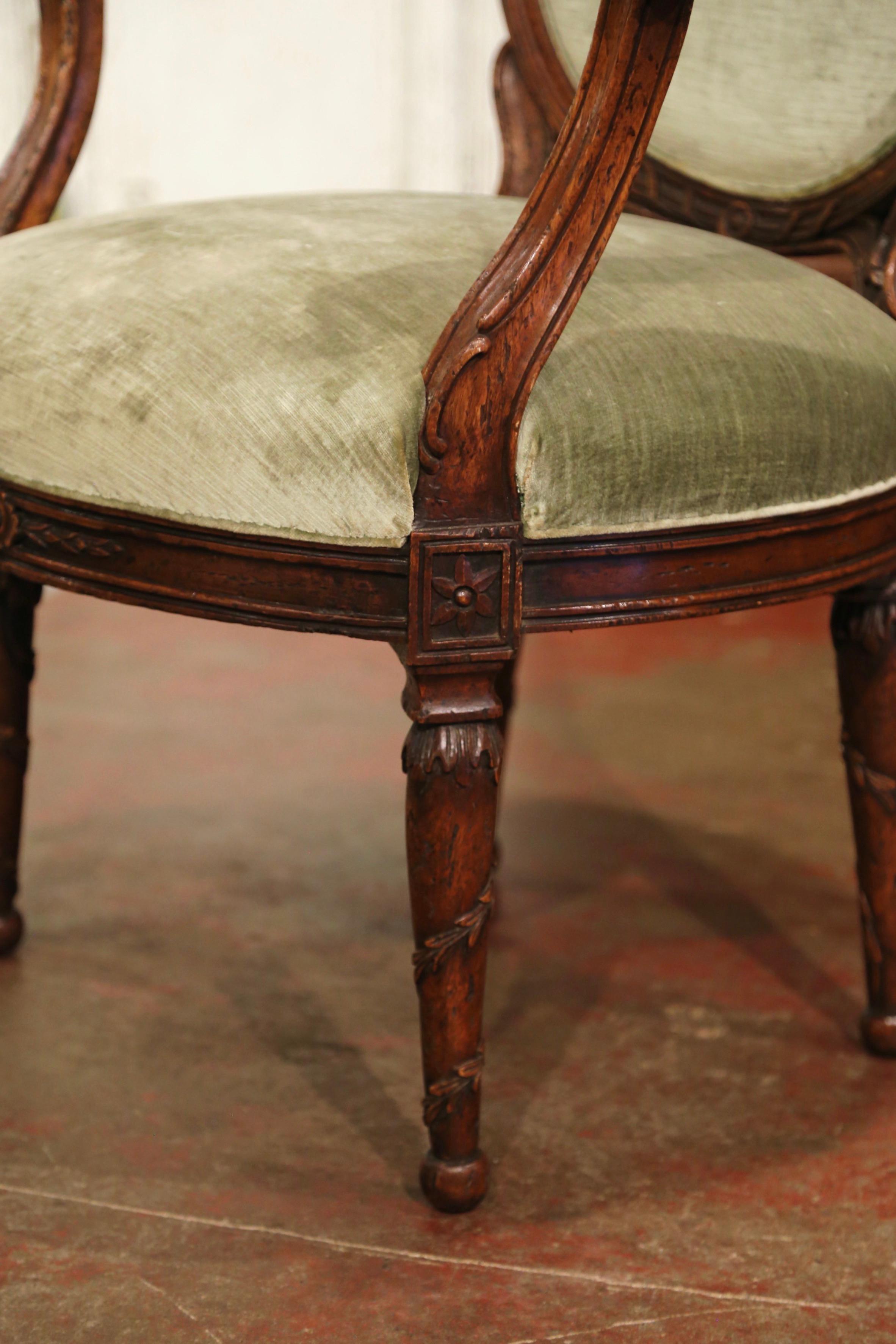19th Century French Louis XVI Carved Walnut and Velvet Bergere Armchair 2