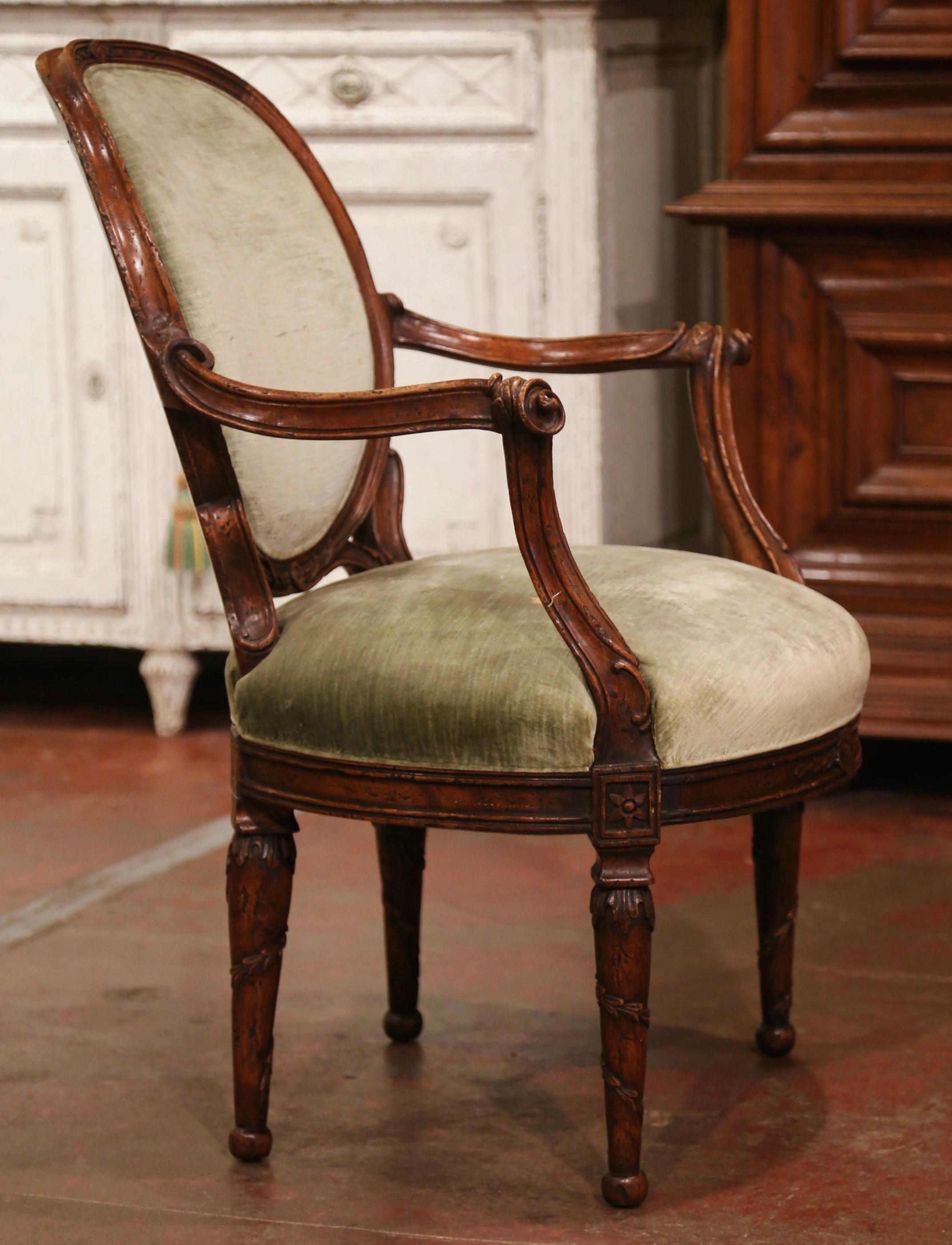 19th Century French Louis XVI Carved Walnut and Velvet Bergere Armchair 4