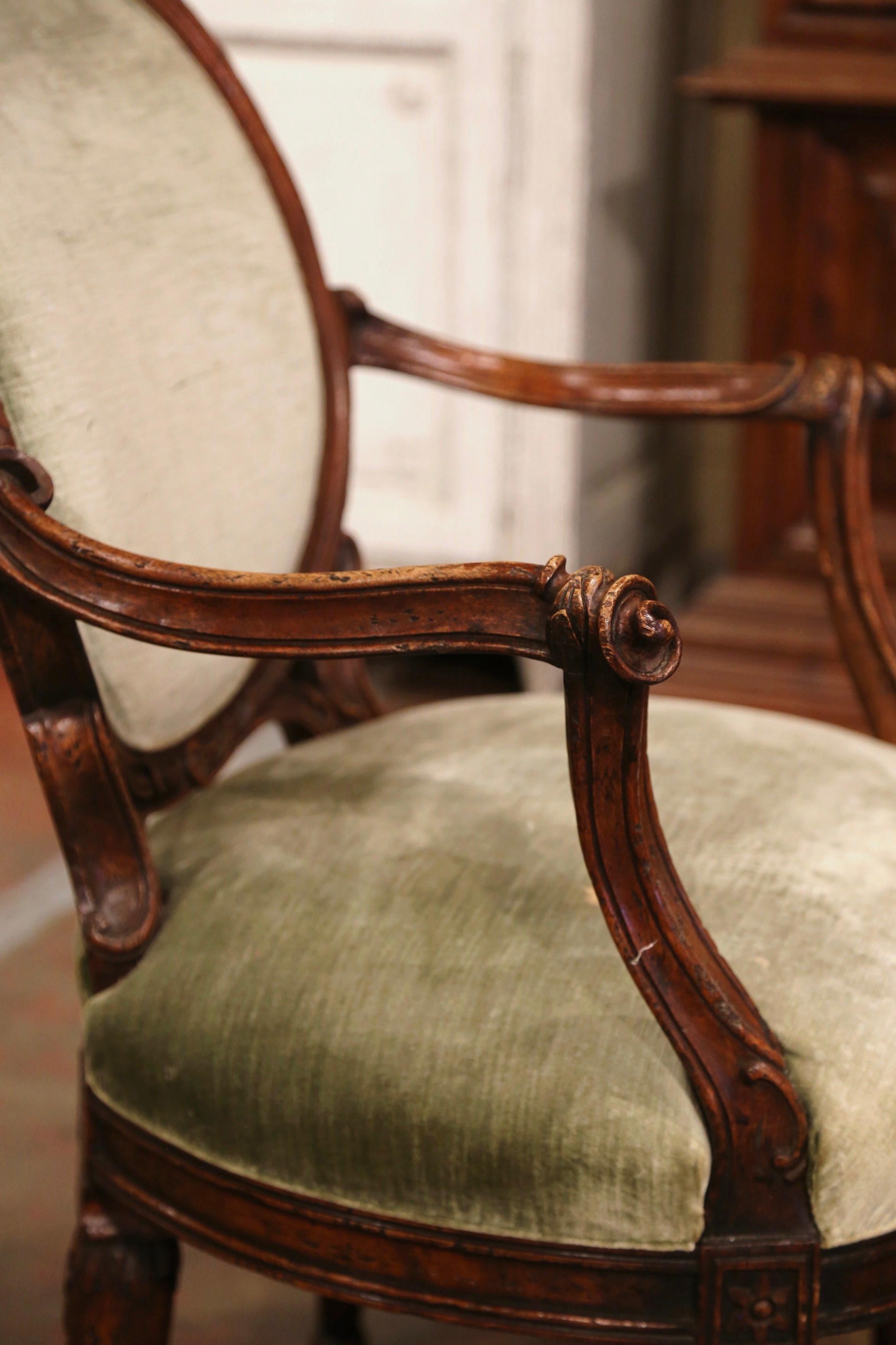 19th Century French Louis XVI Carved Walnut and Velvet Bergere Armchair 5