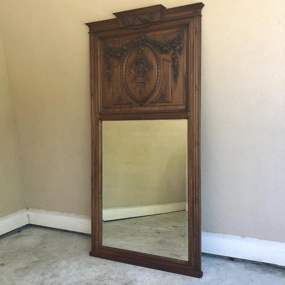 Beveled 19th Century French Louis XVI Carved Walnut Trumeau