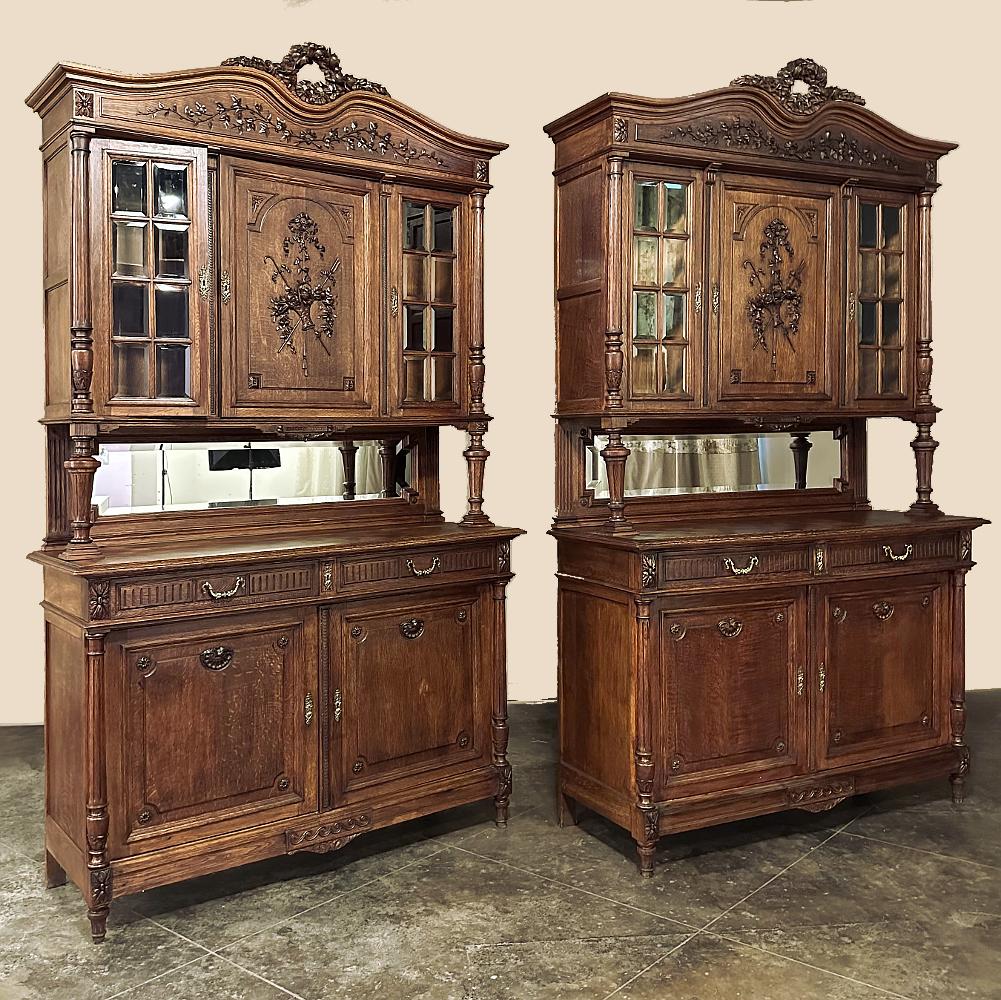 19th Century French Louis XVI China Buffet is one of a pair that we found, and the twin is available as of this writing, if you act fast! Hand-crafted from solid oak, it features a stately neoclassical presence that is truly timeless. The arbalette,