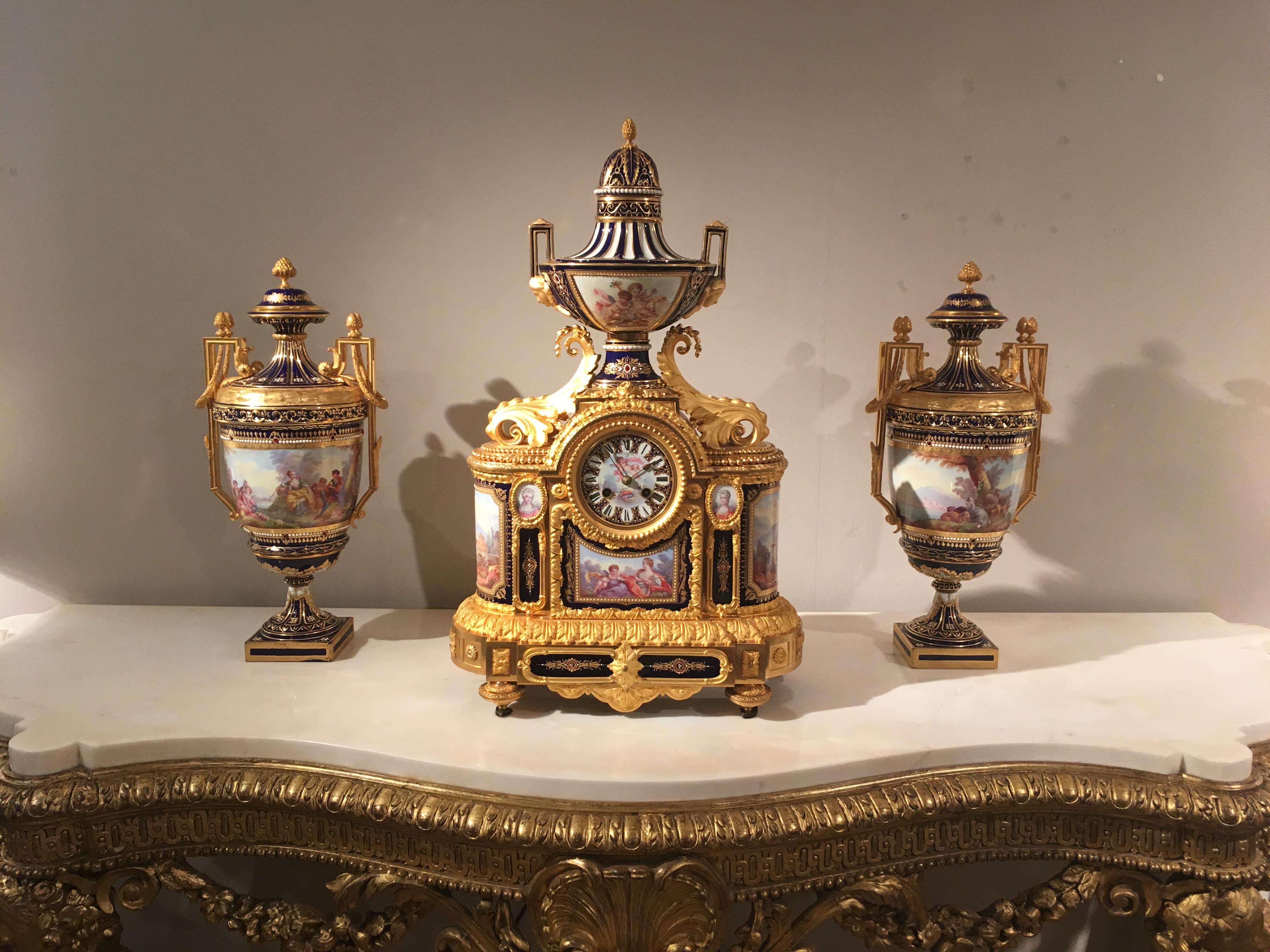 Hand-Painted 19th Century French Louis XVI Clock Garniture with Sévres Porcelain and Ormolu For Sale