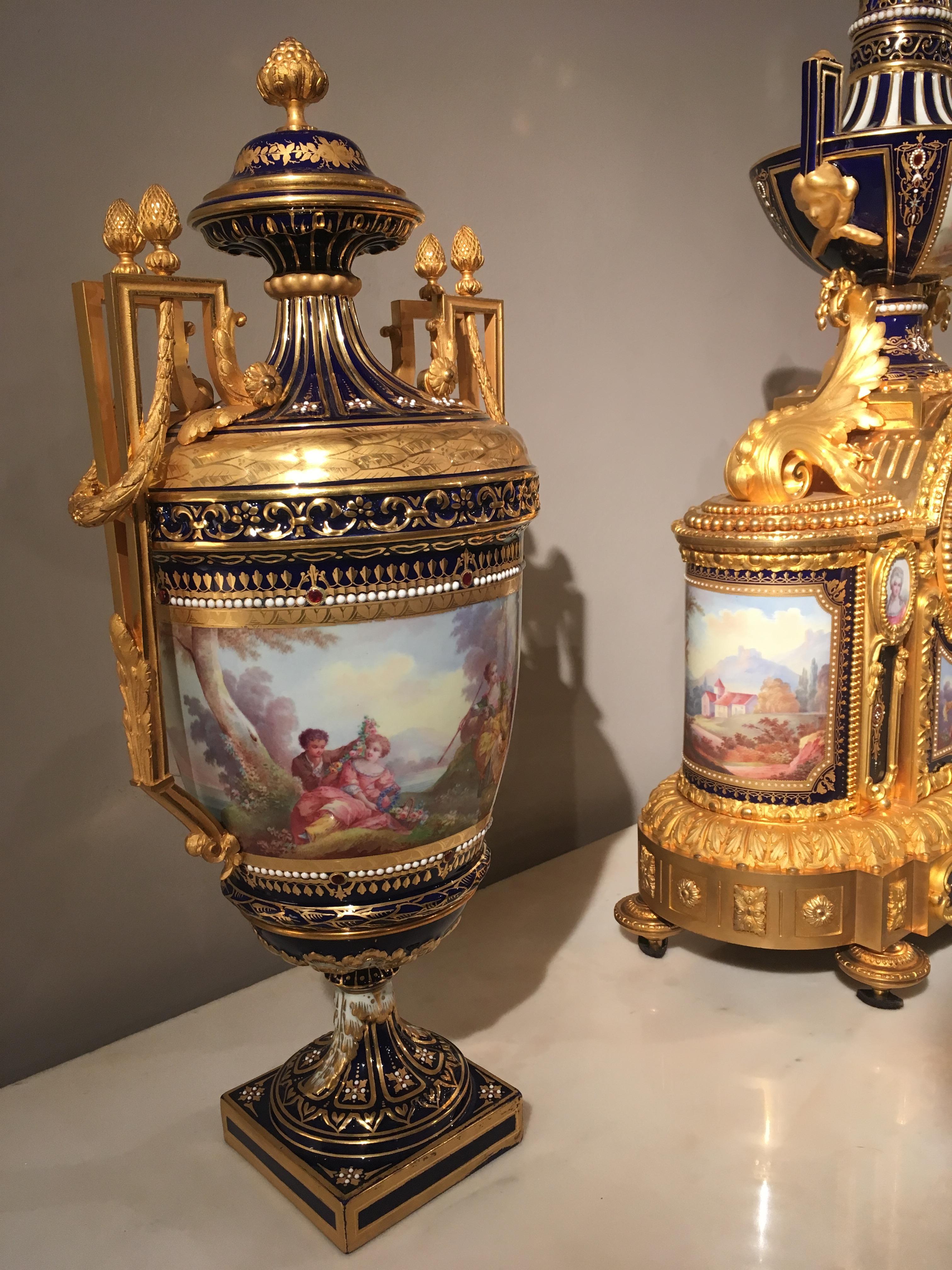 Bronze 19th Century French Louis XVI Clock Garniture with Sévres Porcelain and Ormolu For Sale