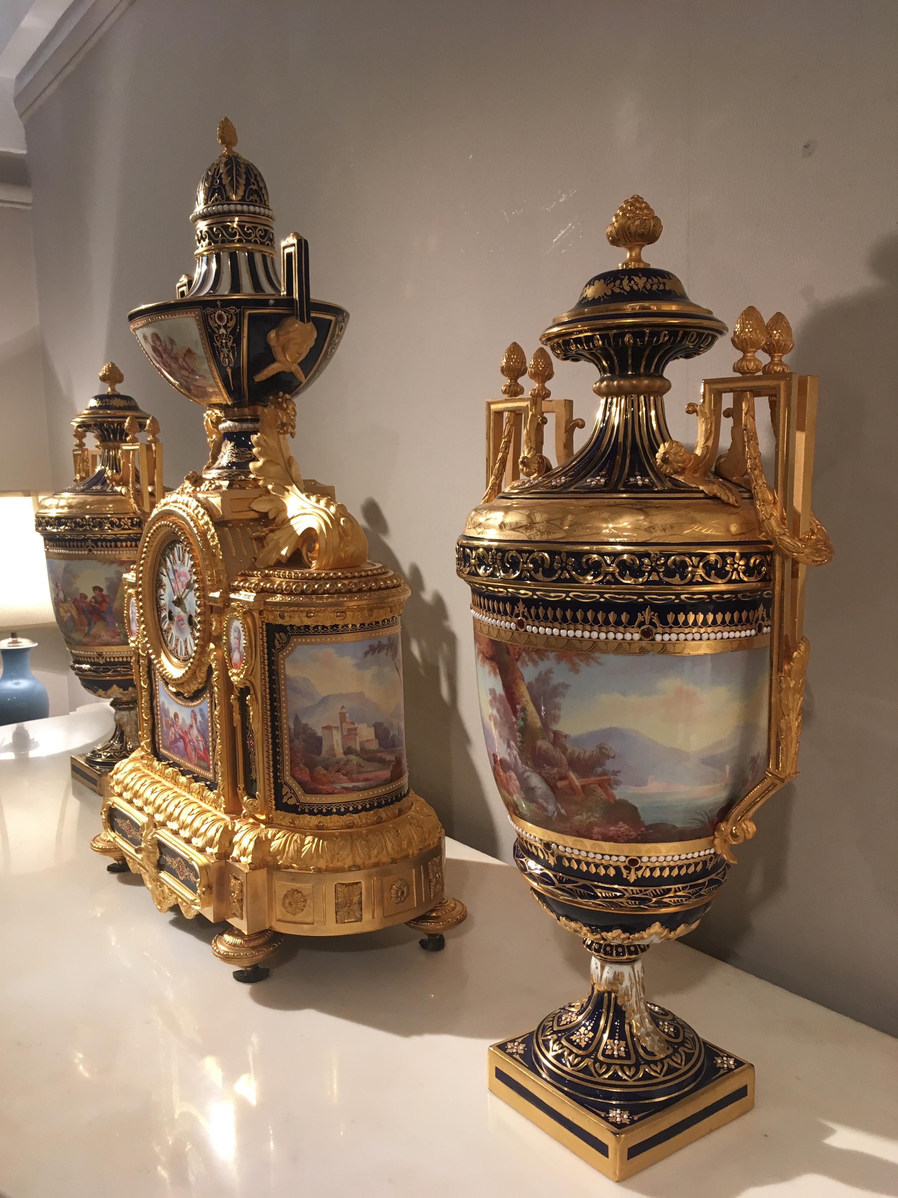 19th Century French Louis XVI Clock Garniture with Sévres Porcelain and Ormolu For Sale 1