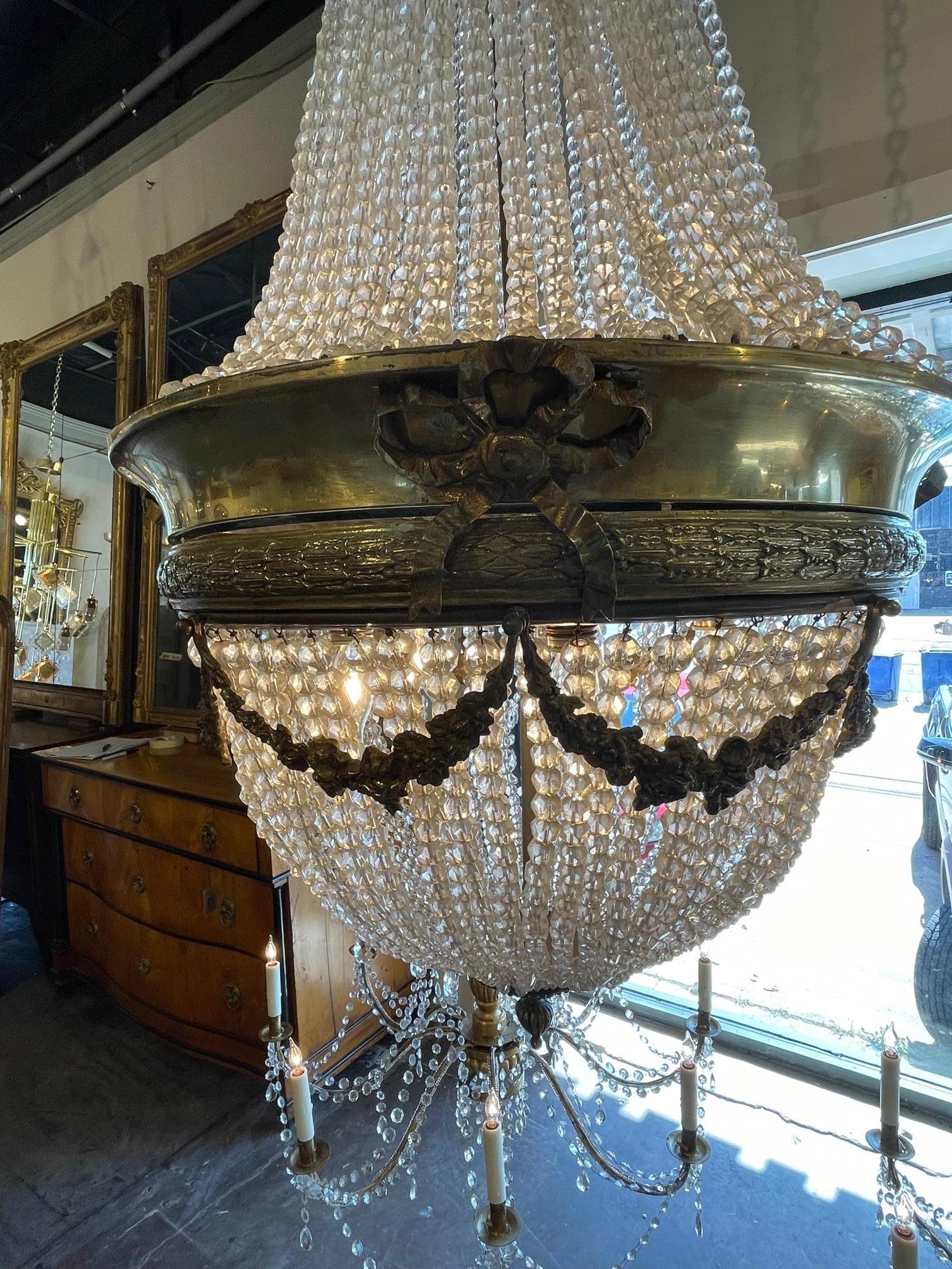 19th Century French Louis XVI Crystal Basket Chandelier In Good Condition For Sale In Dallas, TX