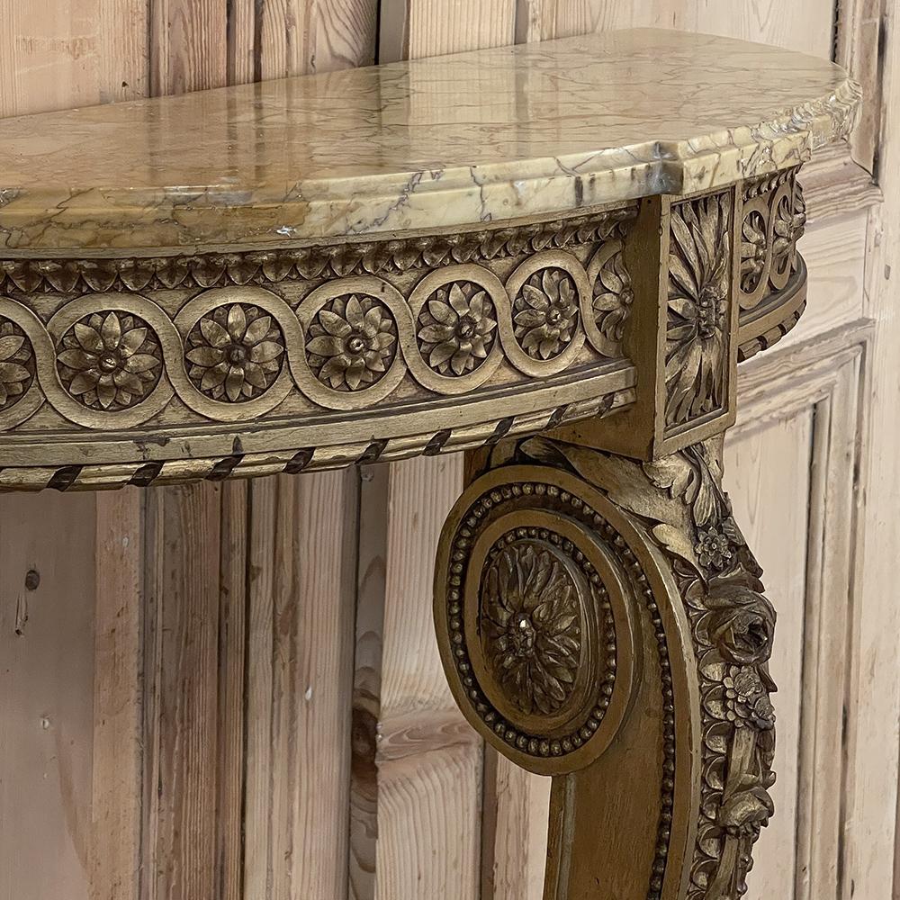 19th Century French Louis XVI Demilune Giltwood Marble Top Console For Sale 6