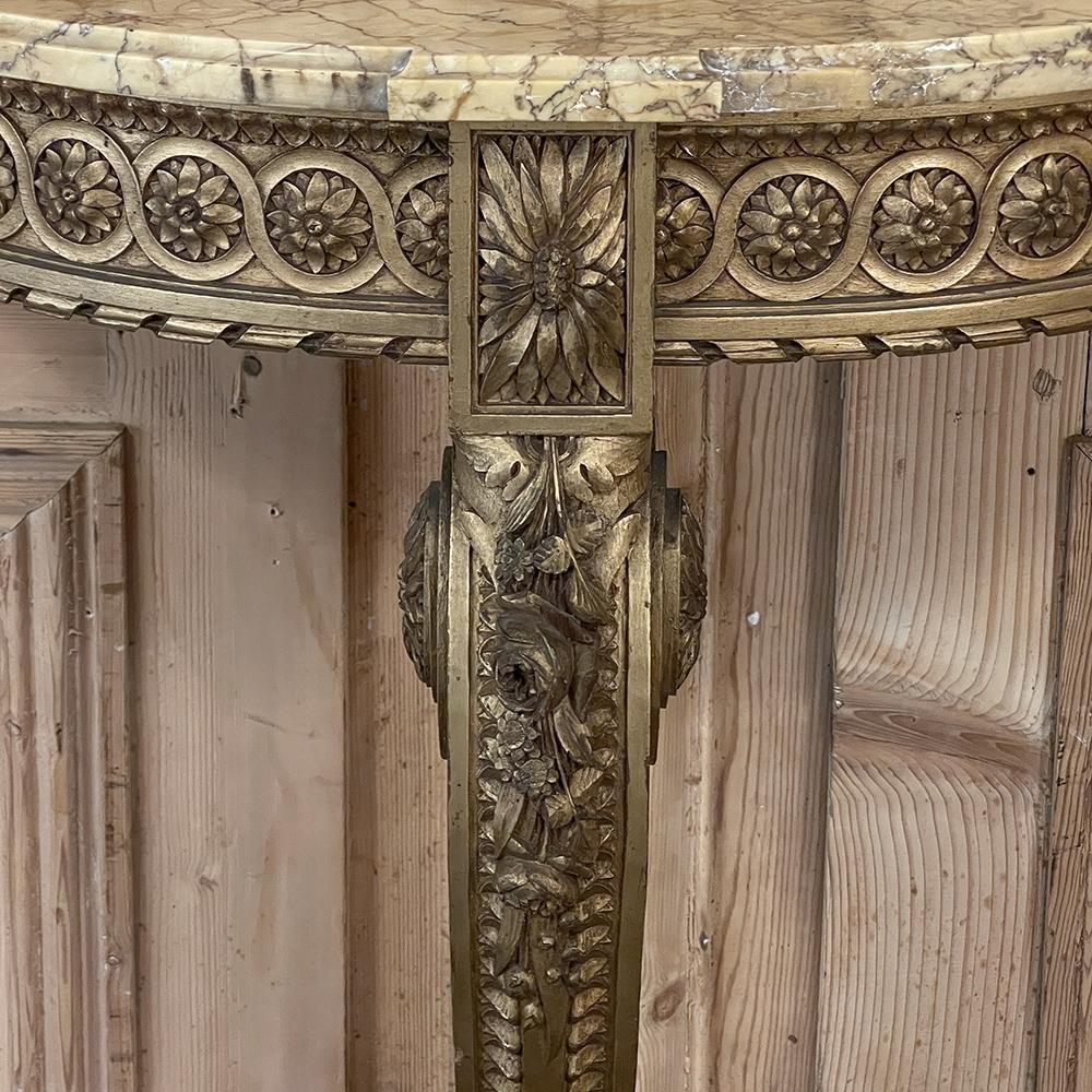 19th Century French Louis XVI Demilune Giltwood Marble Top Console For Sale 7