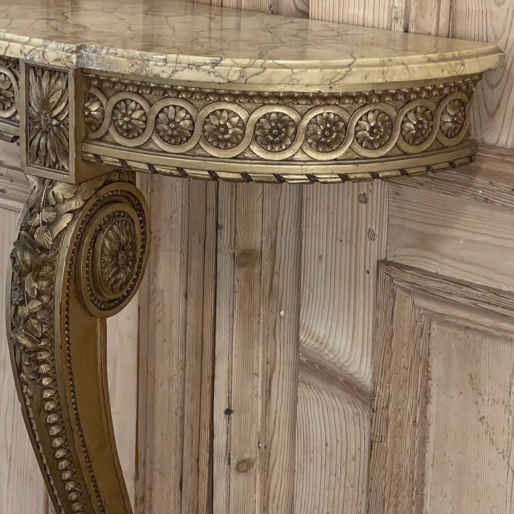 Console Louis XVI du 19ème siècle en bois doré demi-lune avec plateau en marbre en vente 5