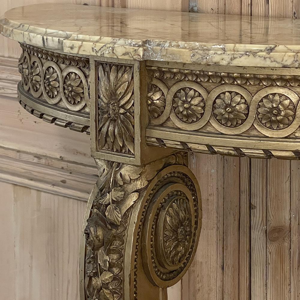19th Century French Louis XVI Demilune Giltwood Marble Top Console For Sale 9