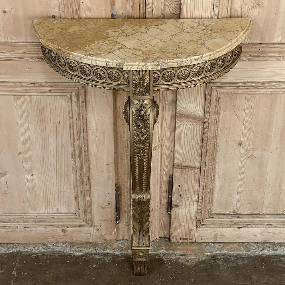 Late 19th Century 19th Century French Louis XVI Demilune Giltwood Marble Top Console For Sale