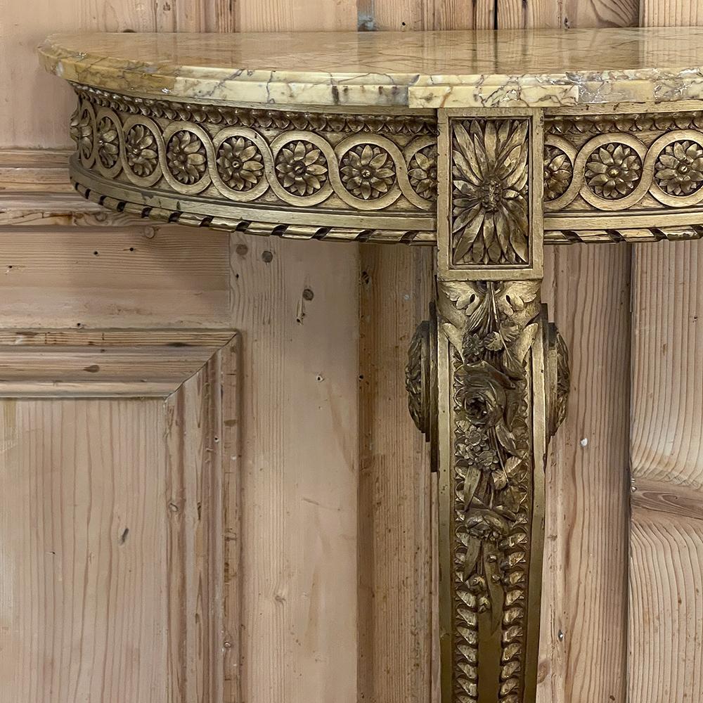 19th Century French Louis XVI Demilune Giltwood Marble Top Console For Sale 2