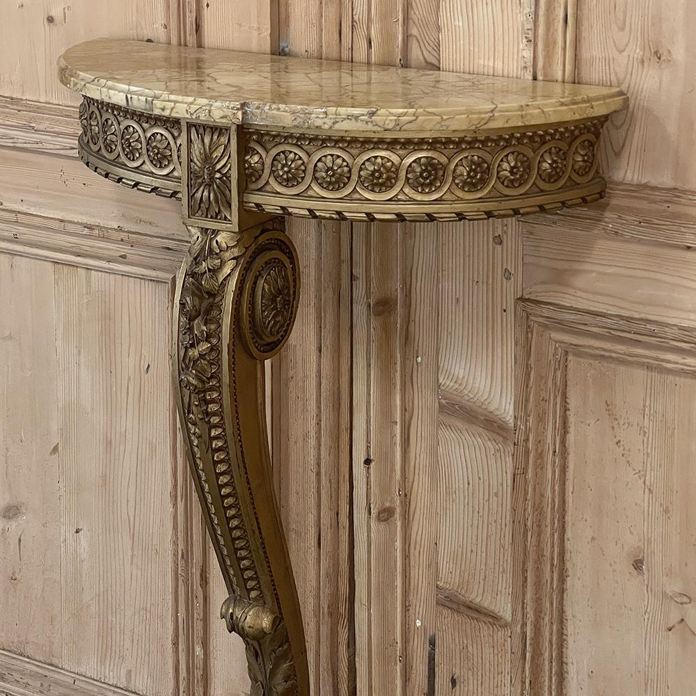 19th Century French Louis XVI Demilune Giltwood Marble Top Console For Sale 4