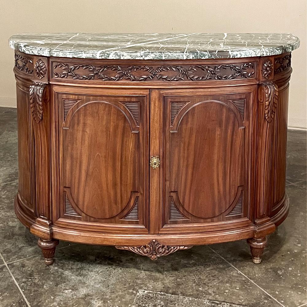 Hand-Crafted 19th Century French Louis XVI Demilune Mahogany Marble Top Buffet For Sale