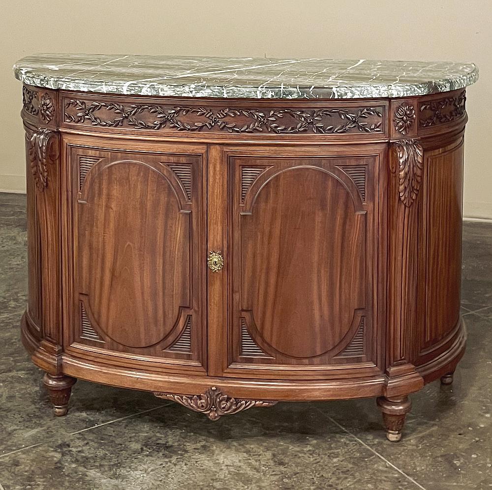19th Century French Louis XVI Demilune Mahogany Marble Top Buffet In Good Condition For Sale In Dallas, TX