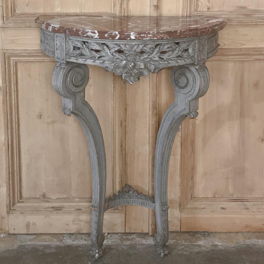 Hand-Carved 19th Century French Louis XVI Demllune Marble Top Console For Sale