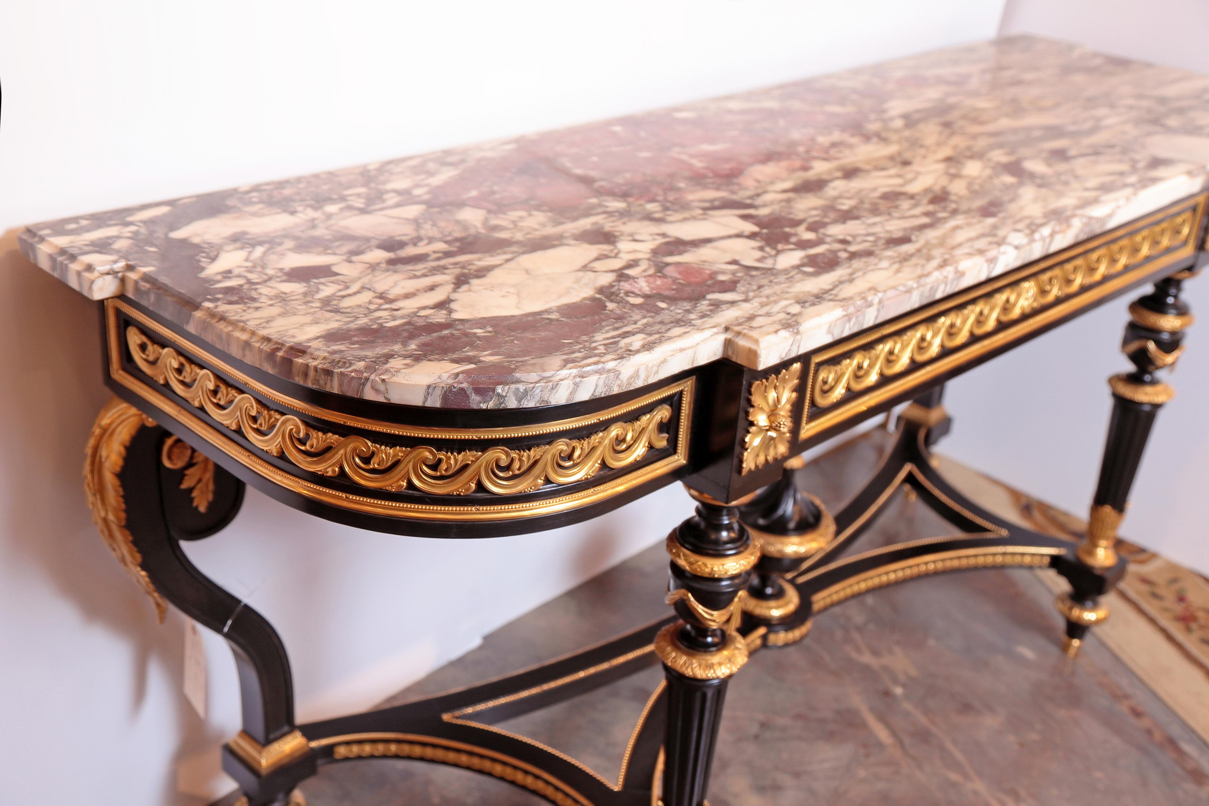 19th Century French Louis XVI Ebonized and Fine Gilt Bronze Marble-Top Console 7