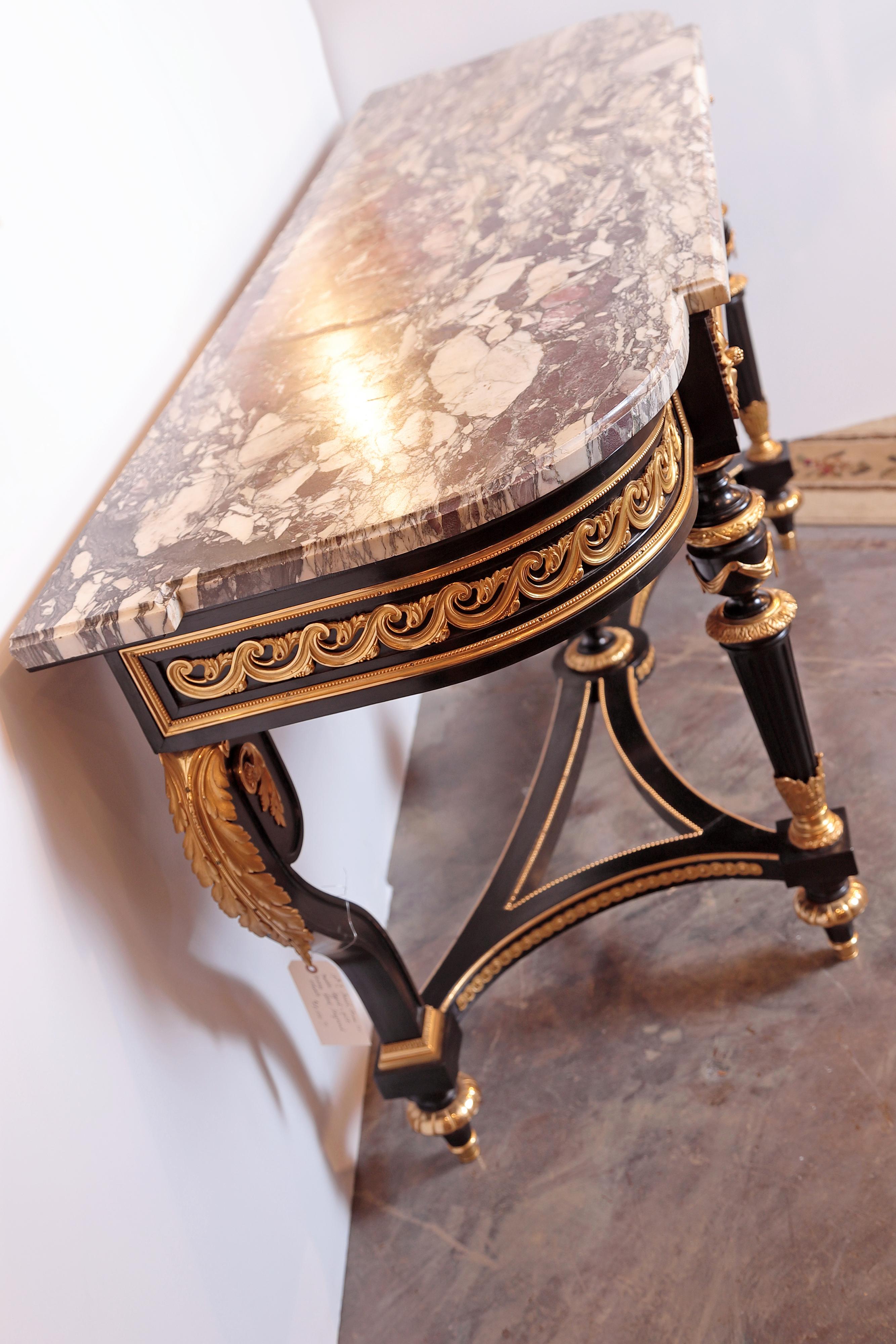 19th Century French Louis XVI Ebonized and Fine Gilt Bronze Marble-Top Console 8