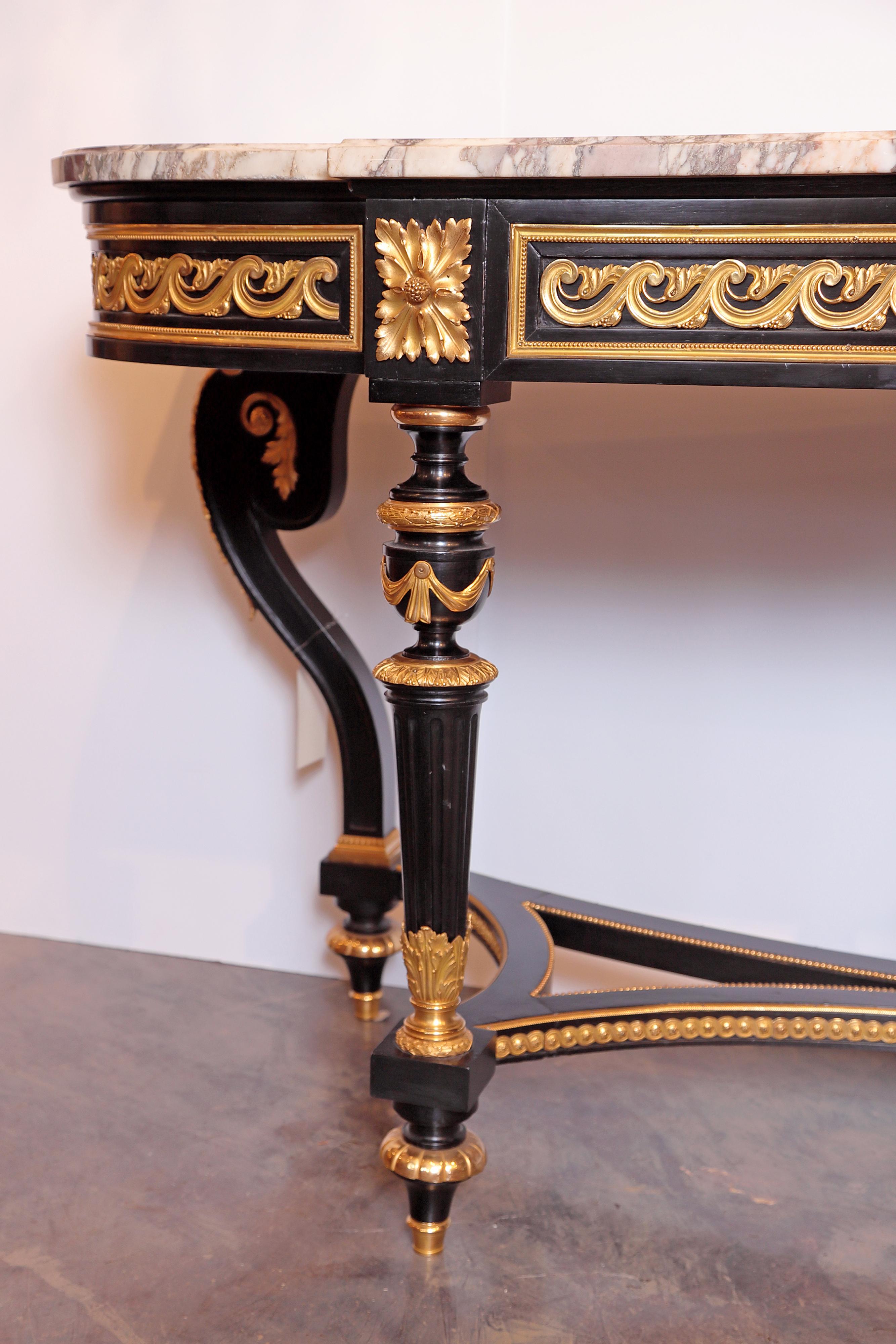 19th Century French Louis XVI Ebonized and Fine Gilt Bronze Marble-Top Console 1