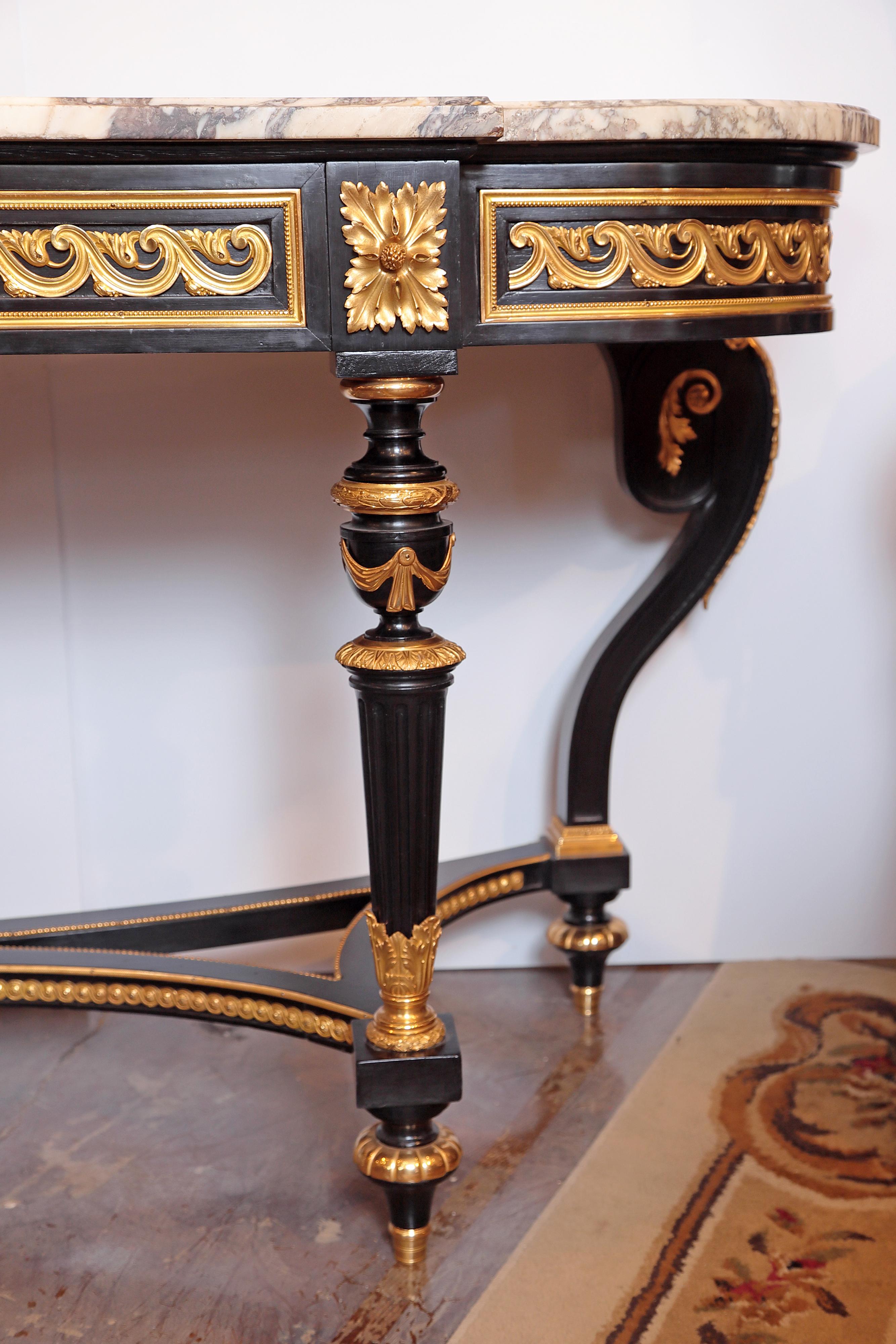 19th Century French Louis XVI Ebonized and Fine Gilt Bronze Marble-Top Console 2